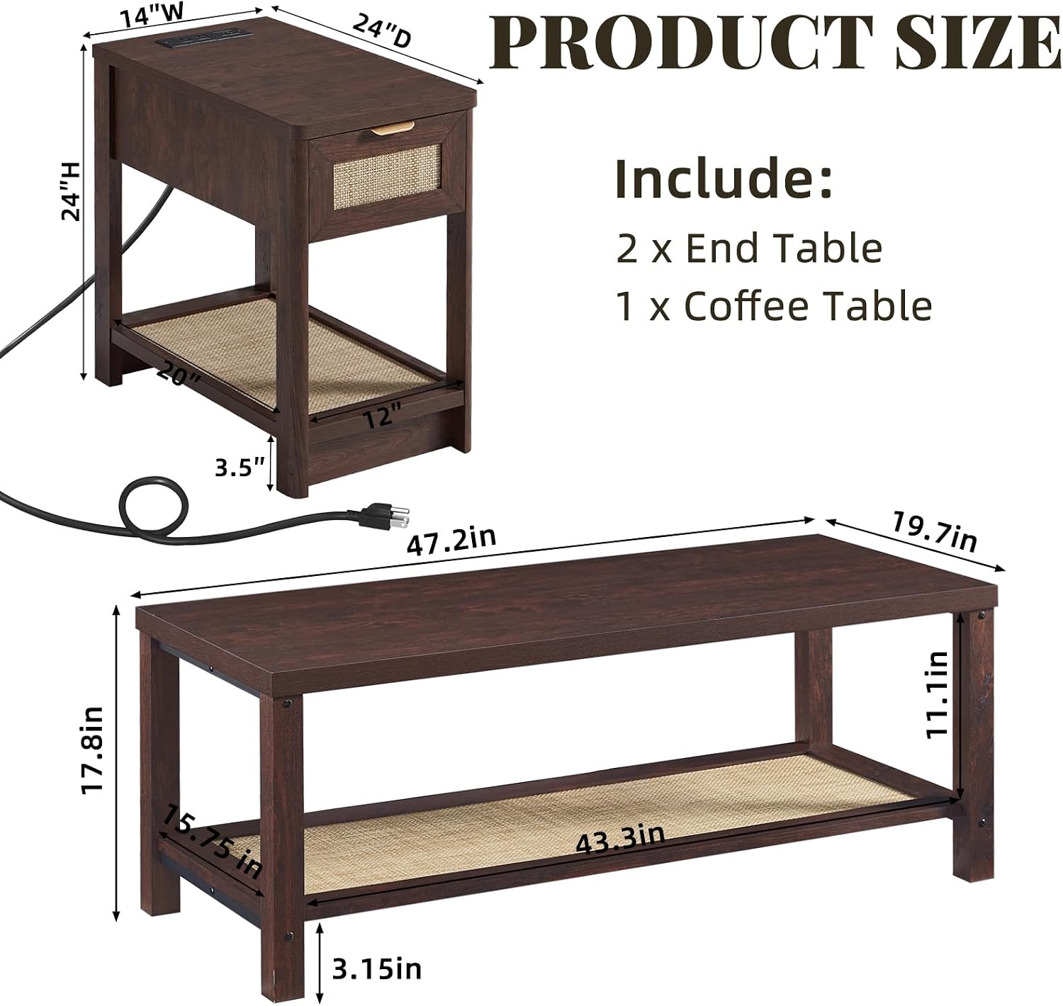 Lerliuo Boho Coffee Table Set of 3, Rattan Coffee and End Table Sets with Charging Station, Living Room Table Set with Open Shelf for Living Room, Walnut