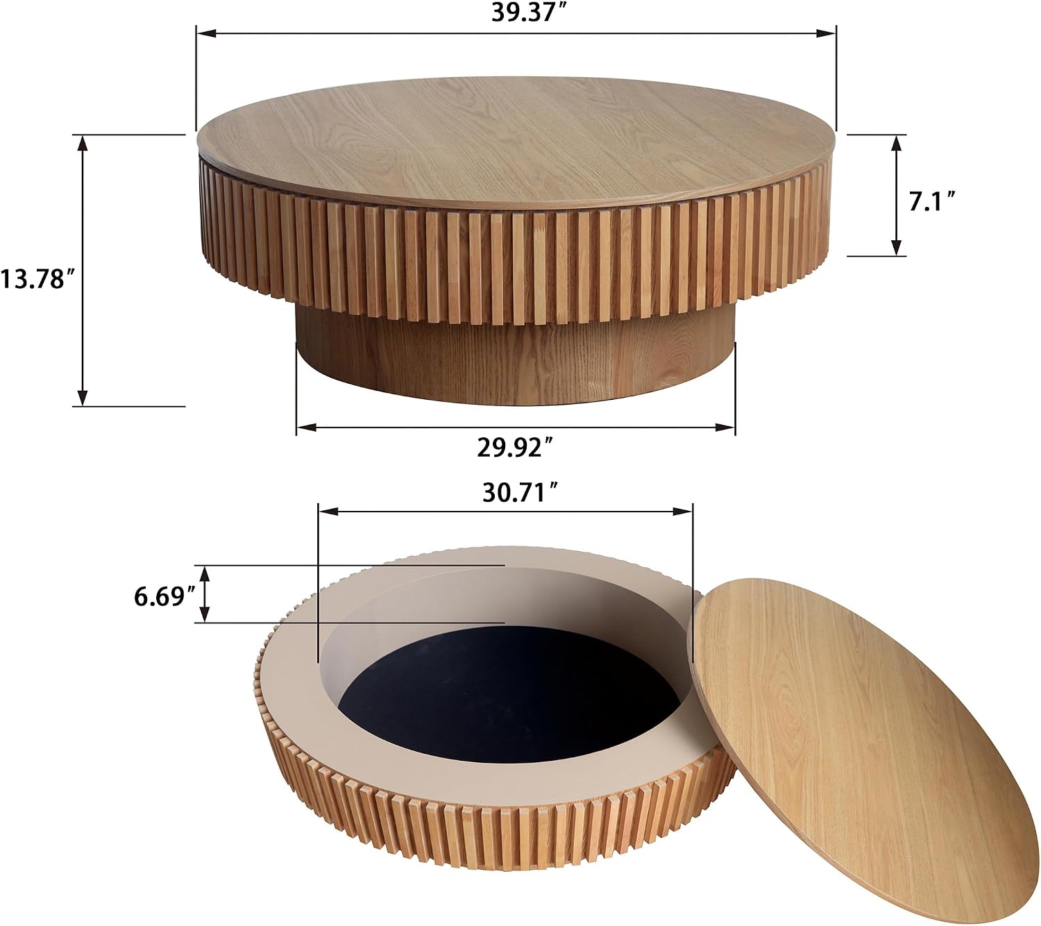 Oak Round Coffee Table with Storage for Living Room Wood Coffee Table Contemporary Circle Center Table for Apartment, Easy Assembly ø39.4