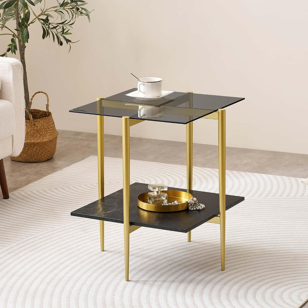 LumFurn Glass End Table, Mid-Century Modern Design Sofa Table, for Living Room, L18 x W18 x H23 in, Clear Glass Top and Walnut MDF Shelf, Sleek Conical Metal Legs with Gold Finish Frame
