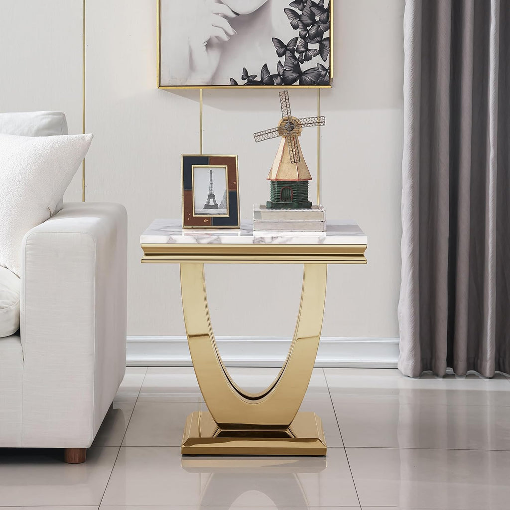 Modern Marble End Table,22' Suqare Side Table with Gold U-Shape Stainless Steel Base,Luxury White Faux Marble End Table Nightstand Pedestal Stand Lamp Table for Hallway, Living Room, Bedroom