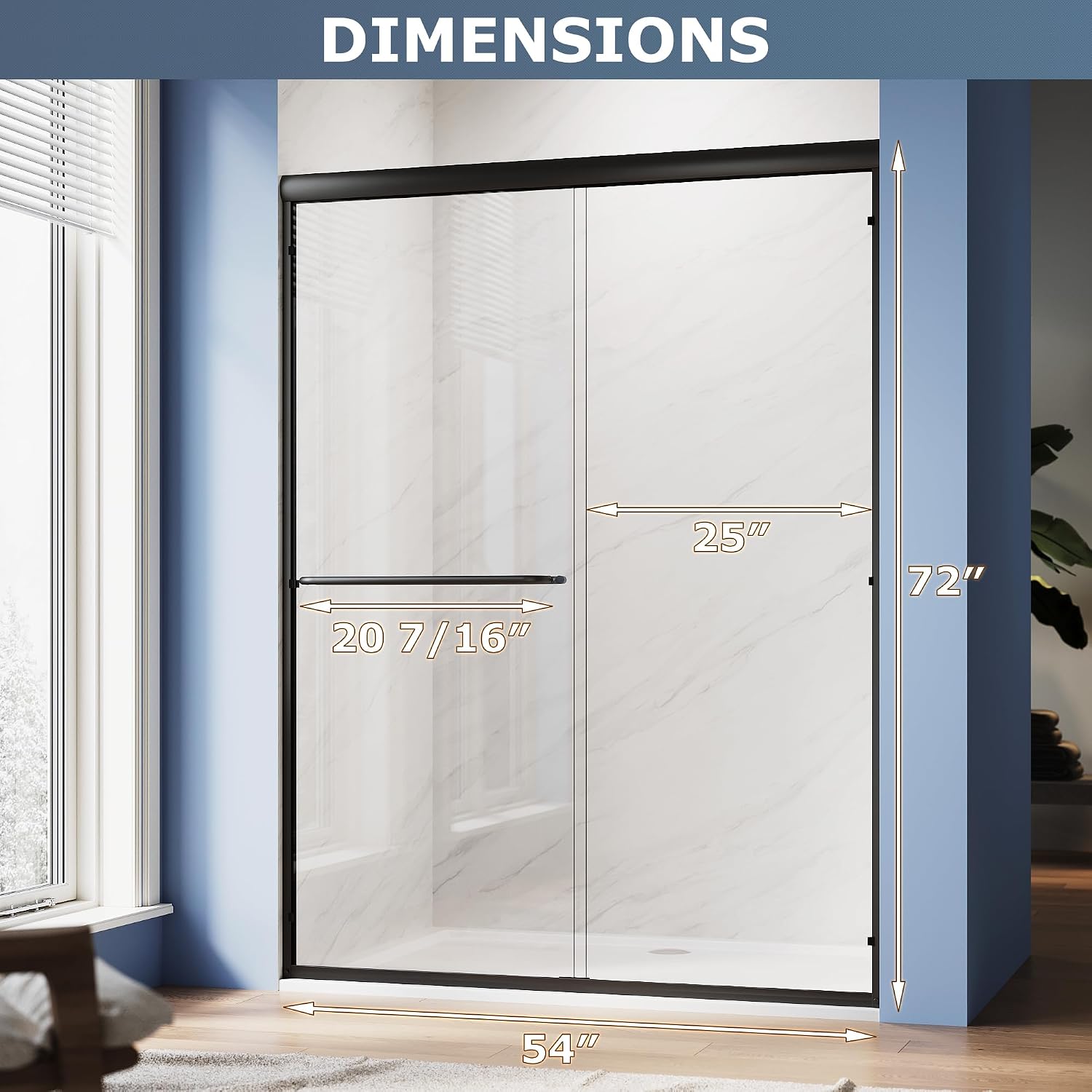 SUNNY SHOWER Double Sliding Glass Door 54' W x 72' H Shower Door 1/4' Tempered Glass Sliding Door Semi-Frameless Shower Glass Enclosure Bypass Walk in Shower Cabin, Matte Black