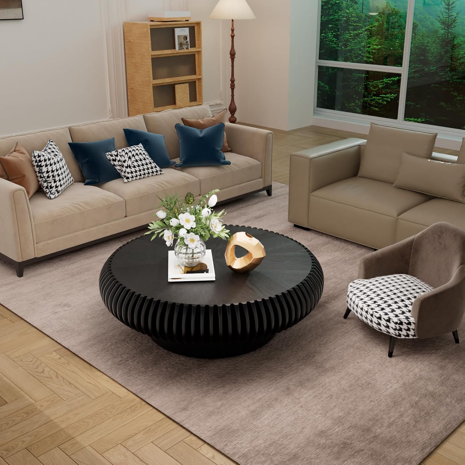 39.37' Round Drum Coffee Table, Modern Fluted Coffee Tables with Solid Wood Veneer, Wooden Circle Center Table for Living Room, Small Spaces, and Apartments, Easy Assembly