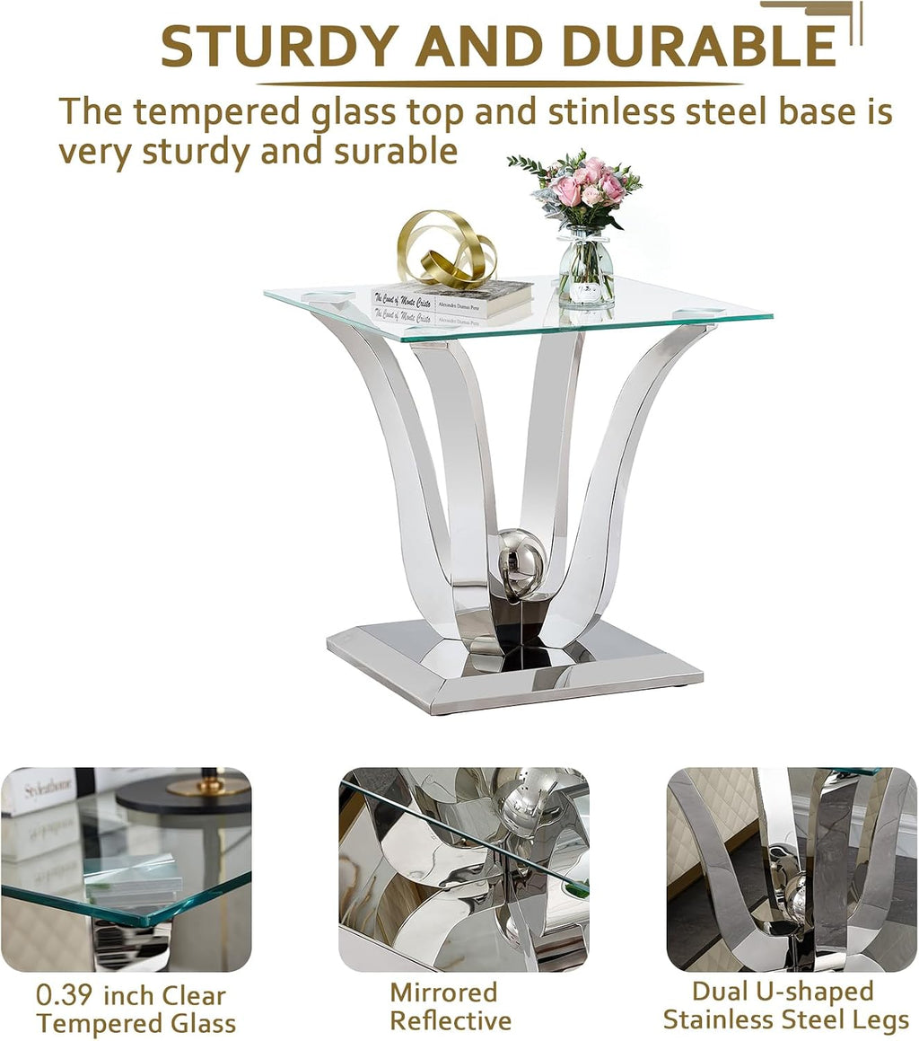 3 Pieces Living Room Table Set, Glass Coffee Table Set of 3, Modern Coffee Table and 2 End Tables with Dual U-Shaped Stainless Steel Base for Living Room (Silver)