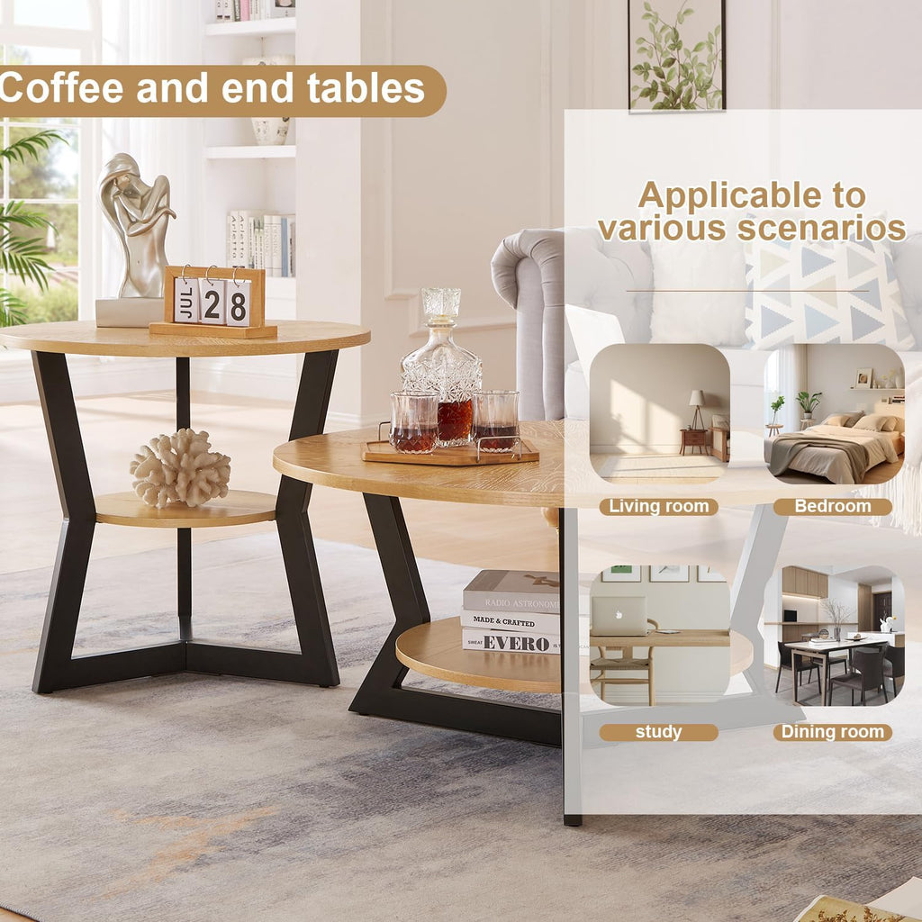 Round Coffee Table, Wood Circle Coffee Table with 2-Tier Storage, Center Table for Living Room Bedroom Office Apartment, Easy Assembly, 35'x 18'Inches, Light Brown