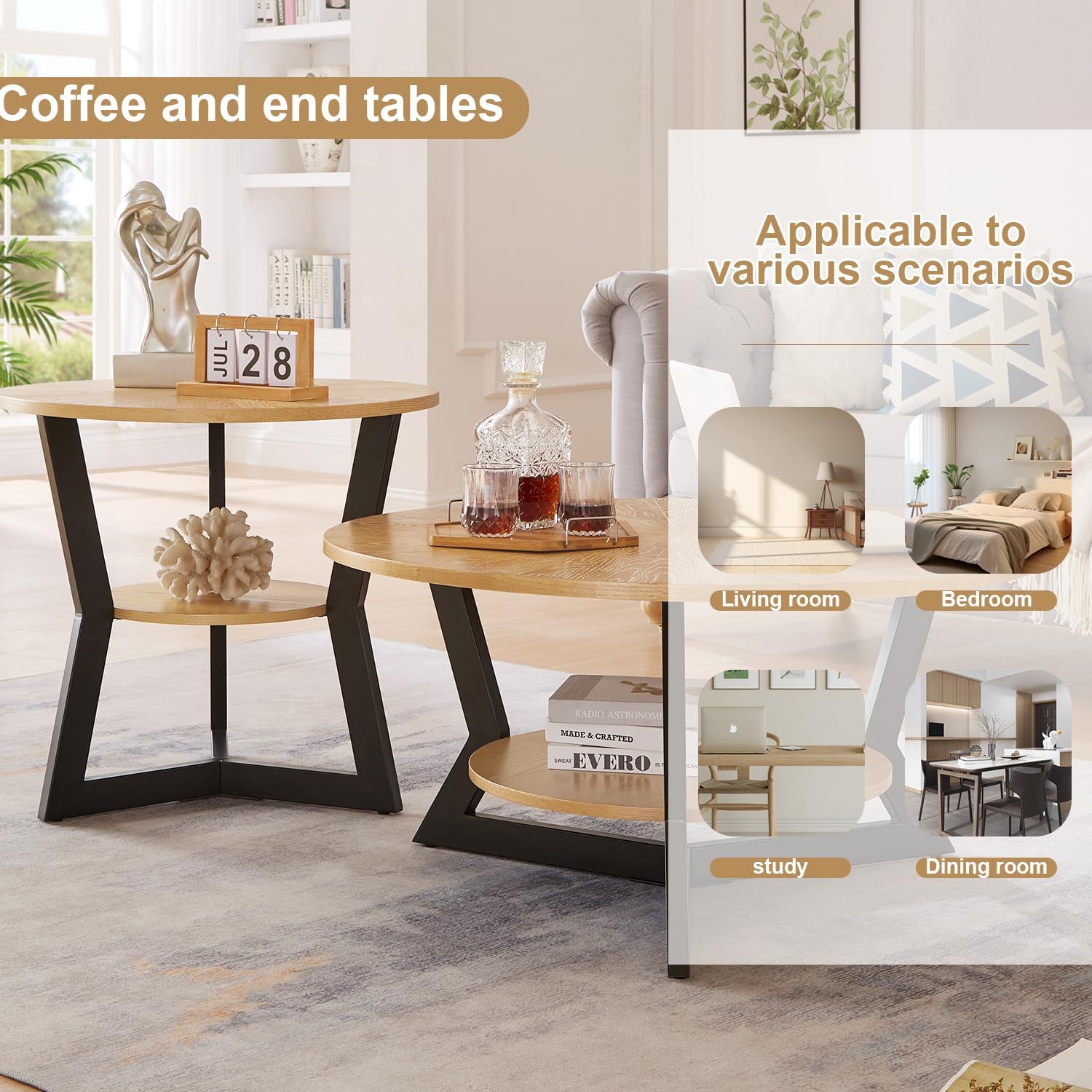 Round Coffee Table, Wood Circle Coffee Table with 2-Tier Storage, Center Table for Living Room Bedroom Office Apartment, Easy Assembly, 35'x 18'Inches, Light Brown