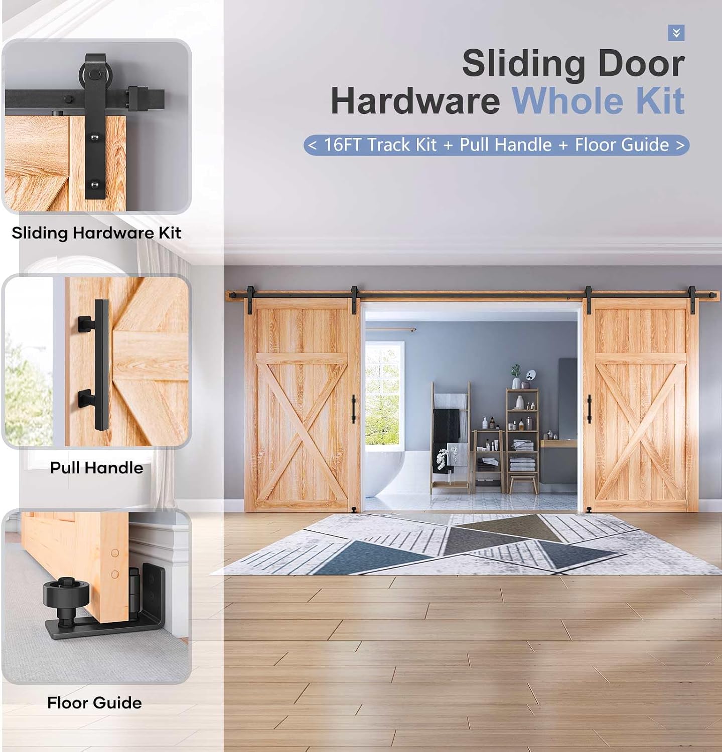 EaseLife 16 FT Double Sliding Barn Door Track and Handle Hardware Kit,Basic J Pulley,Slide Smoothly Quietly,Easy Install (16FT Track Kit for 44'~48' Wide Double Door)