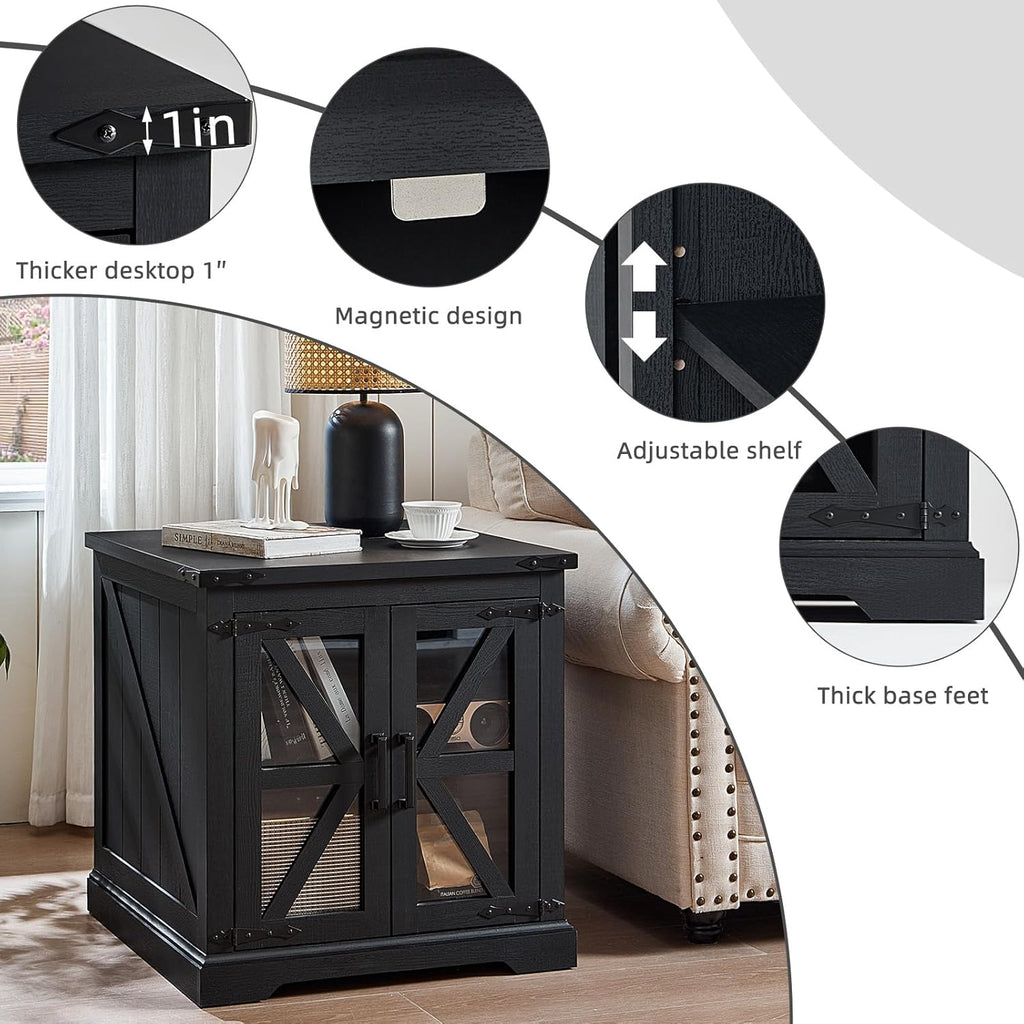 Joaxswe 24' End Table Set of 2 with Charging Station, Farmhouse Night Stand with Glass Barn Door, Nightstands with Adjustable Storage Shelf, Large Wood Square Bed Side Table for Living Room,Bedroom