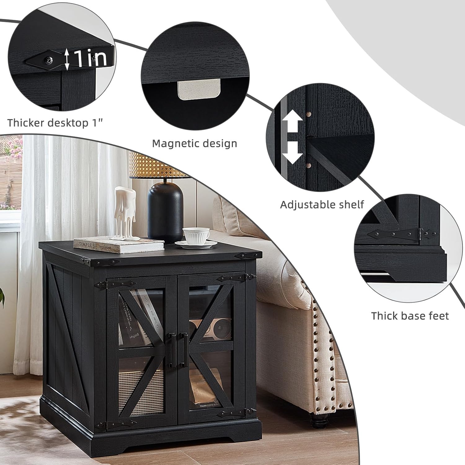 Joaxswe 24' End Table Set of 2 with Charging Station, Farmhouse Night Stand with Glass Barn Door, Nightstands with Adjustable Storage Shelf, Large Wood Square Bed Side Table for Living Room,Bedroom