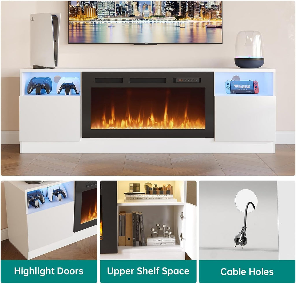 MXV 4-Piece Living Room Table Set Includes A 70'' Modern Fireplace TV Stand with 36'' Electric Fireplace, A 40'' Coffee Table and 2 Side Tables with Storage Space for Living Room, Bedroom, White