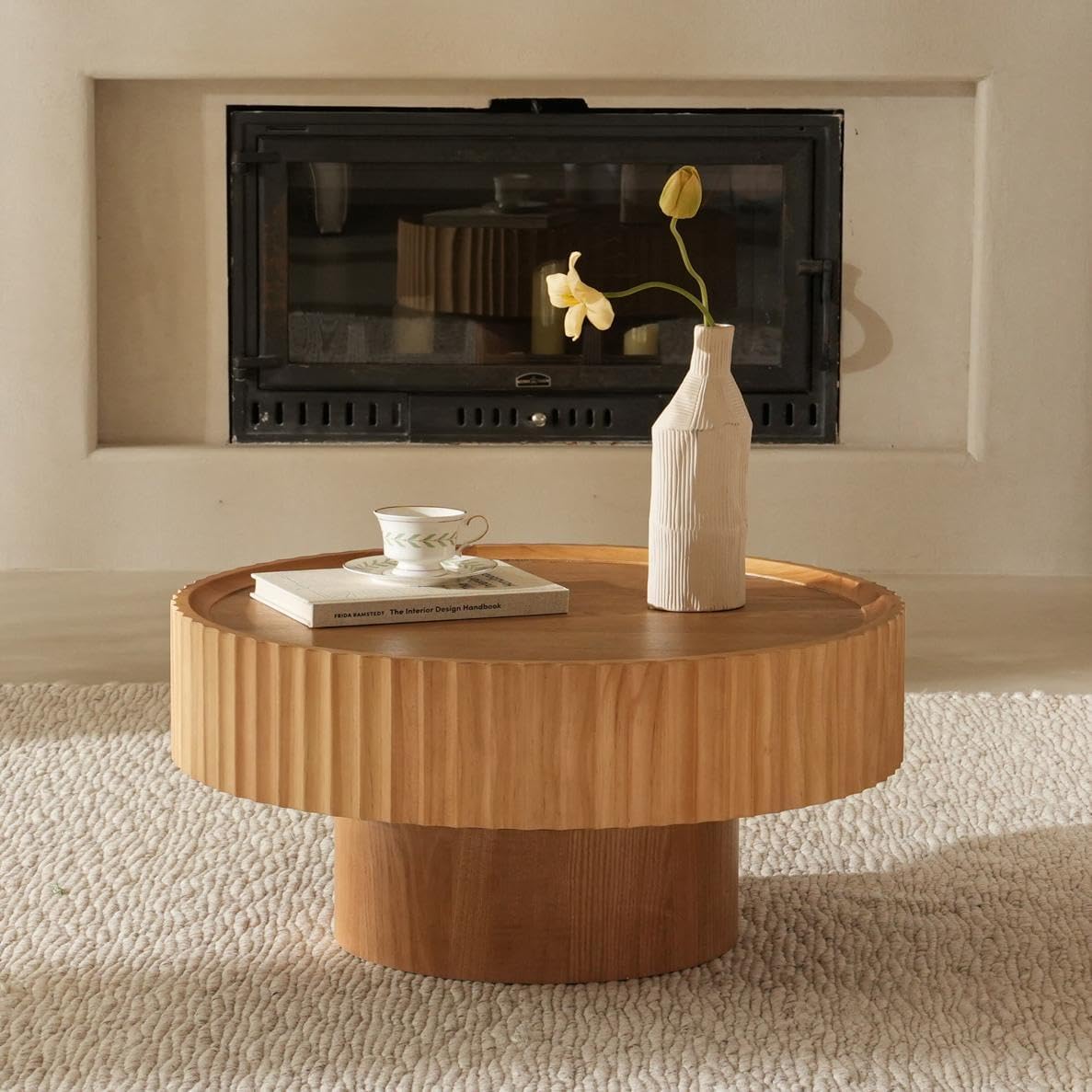 Round Coffee Table, 30.3in Modern Living Room Table, Fluted Drum Circle Tea Table with Storage, Accent Center Tables for Living Room, Apartment, Small Space (Nature Wood)