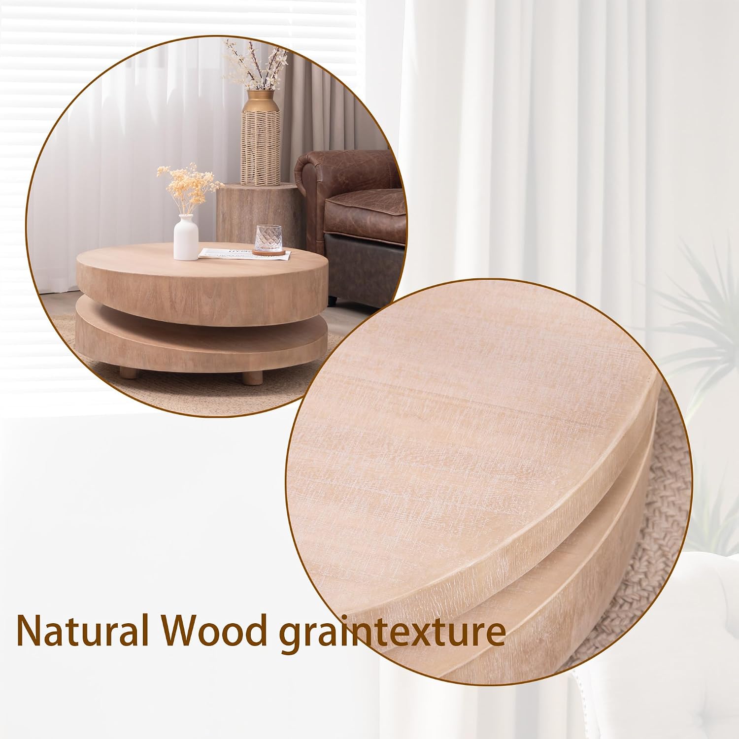 31.3'' Round Circle Coffee Table Modern Coffee Table for Living Room, Contemporary Minimalist Farmhouse Countryside Sculptural Style, Natural Wood Grain, No Assembly, Wood