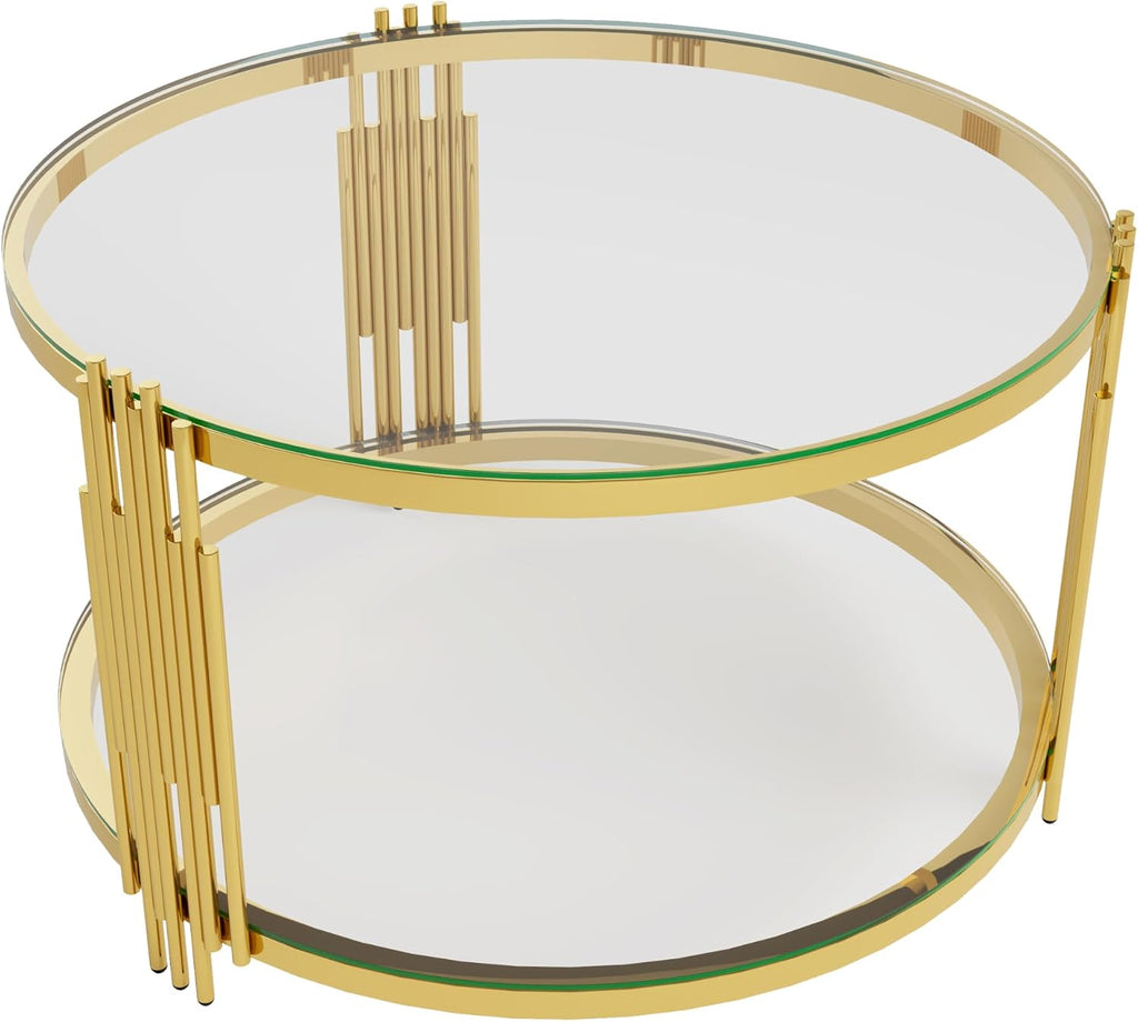 Circle Coffee Table, Tempered Glass Center Table with Asymmetrical Gold Frame and Storage Shelf, for Living Room Home Office Decor, Transparent