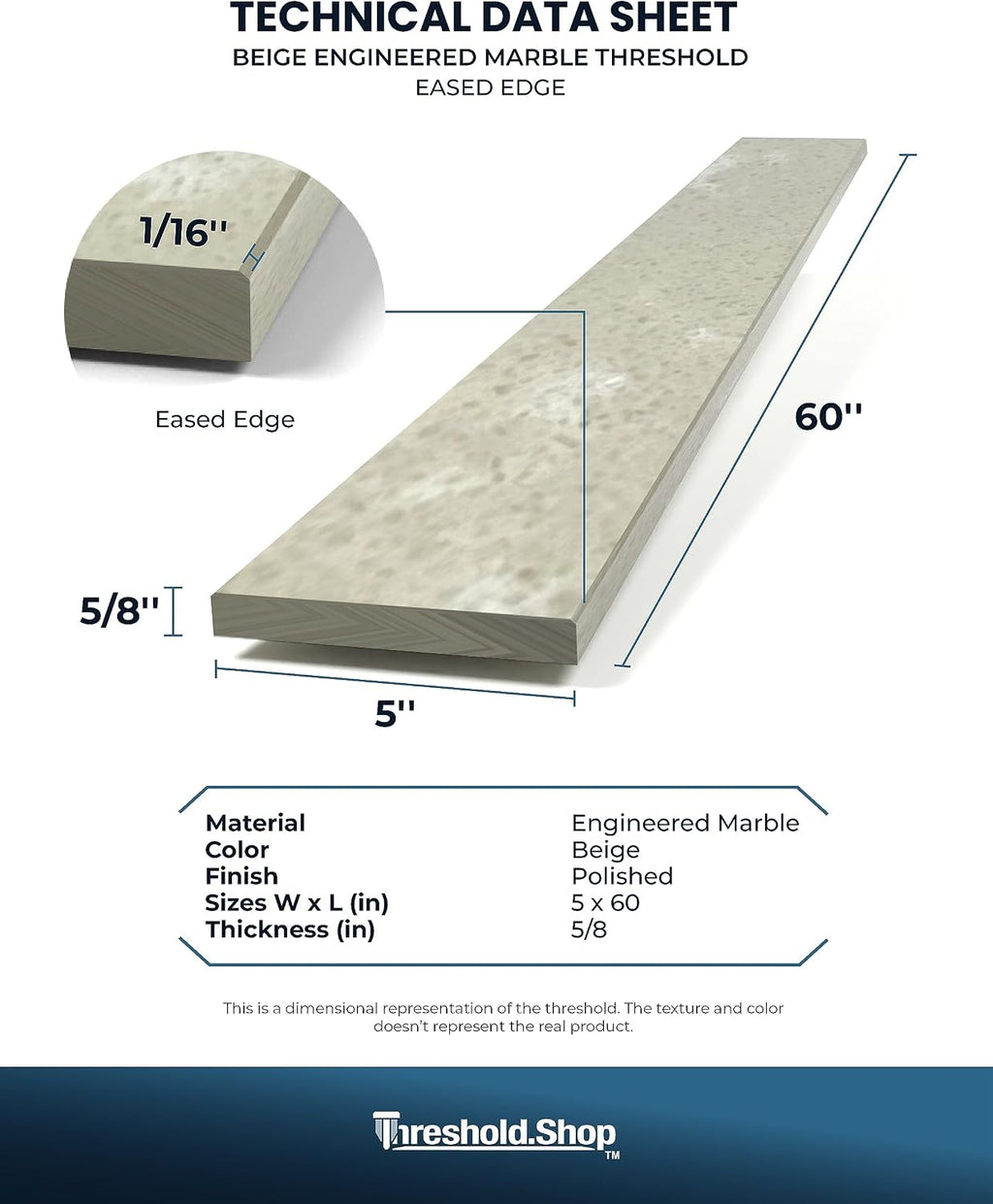 60 inch Shower Curb Top | Beige Engineered Marble Threshold for Schluter Kerdi Board and Tile Redi Shower Pan Systems (5' x 60')