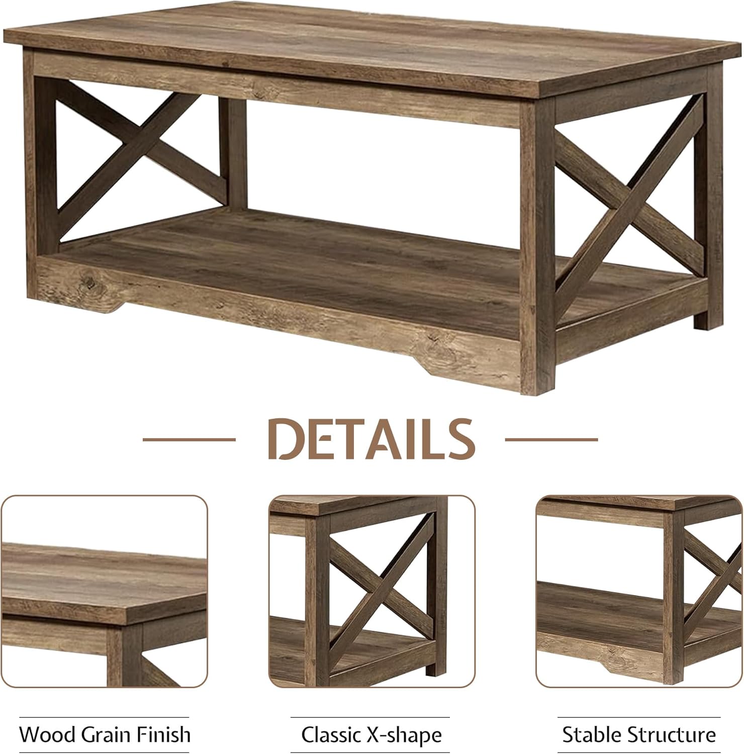 LUXOAK 3-Piece Farmhouse Living Room Table Sets, Includes 1 x Coffee Table, 2 x End Tables with Charging Station & USB Ports, Rustic Coffee Table Set of 3, Barnwood