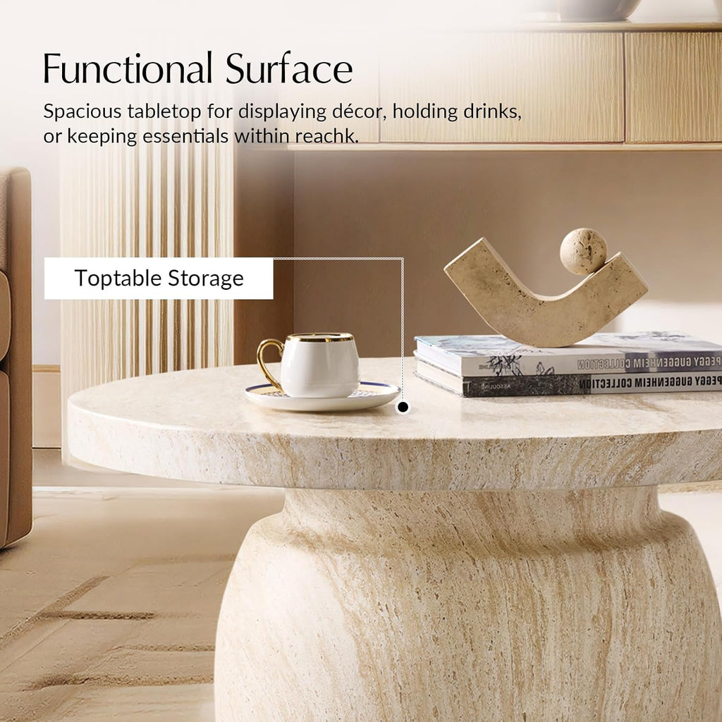 HULALA HOME Modern Marble Coffee Table, 31.5 Inch Round Coffee Table with Marble Concrete Base, for Living Room, with Tabletop, Easy Assembly, Natural
