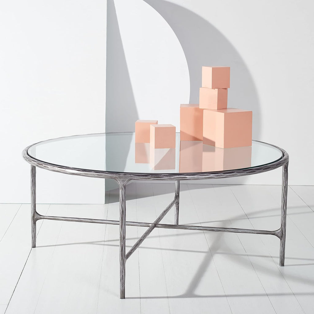 SAFAVIEH Couture Home Collection Jessa Silver Metal/Tempered Glass Top Round Coffee Table (Fully Assembled)