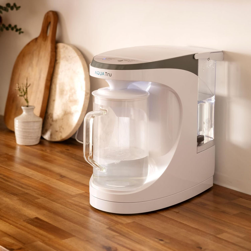AquaTru Glass Carafe Alkaline Countertop Reverse Osmosis Water Purifier | 4 Stage RO System | Removes 84 Contaminants Including PFOA & PFOS (PFAS), Lead and Microplastics | Adds Alkaline Minerals