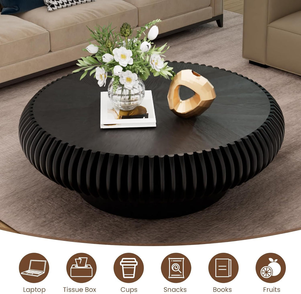 JHKZUDG Round Fluted Coffee Table 39.4'' Wood Drum Coffee Tables Contemporary Circle Accent Center Table Mid Century Side Table for Living Room, Small Space, Apartment (Black, 39.4' Coffee Table)