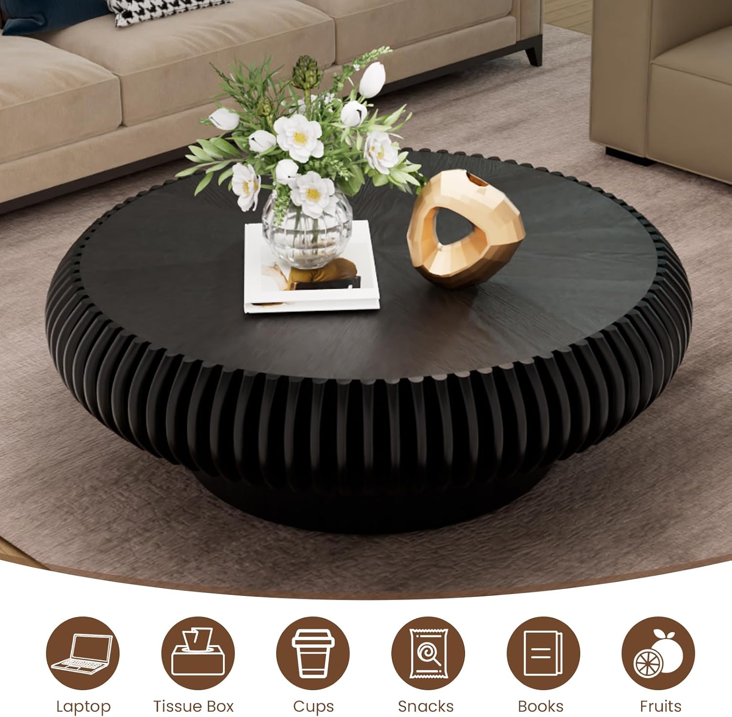 JHKZUDG Round Fluted Coffee Table 39.4'' Wood Drum Coffee Tables Contemporary Circle Accent Center Table Mid Century Side Table for Living Room, Small Space, Apartment (Black, 39.4' Coffee Table)