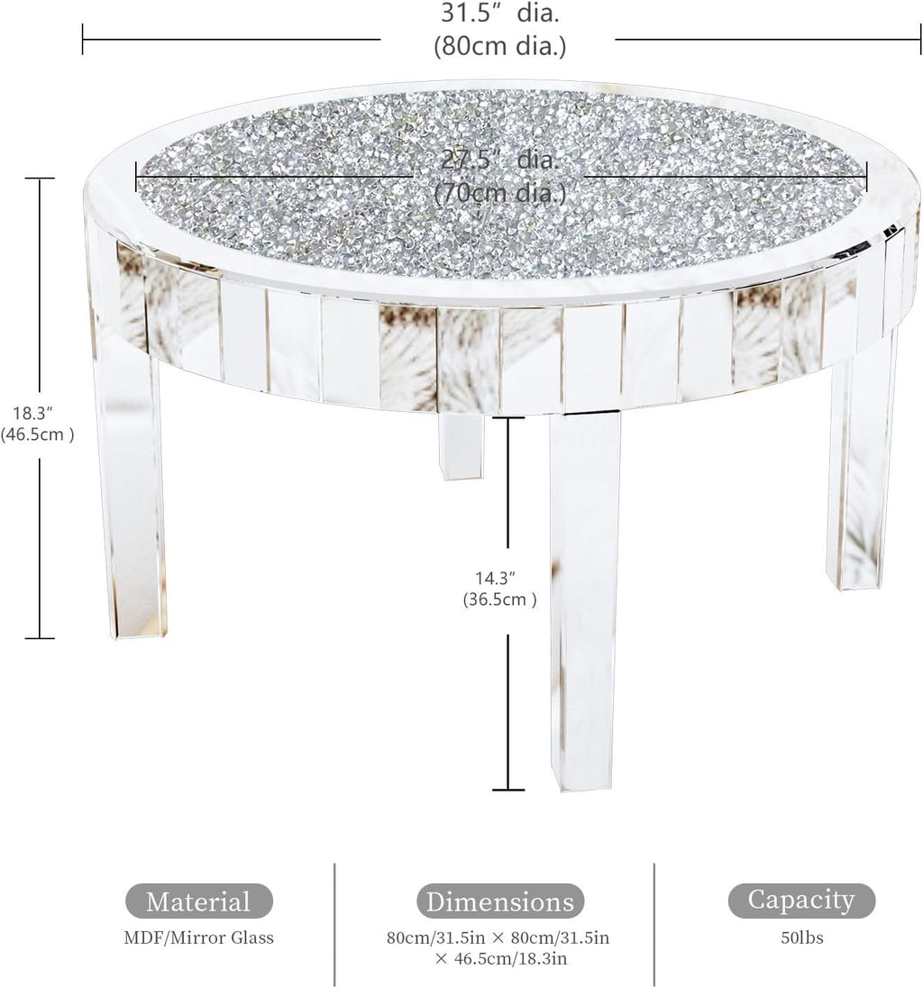 Silver Mirrored Coffee Table: 31.5 inch Round Crystal Glass Mirror Tabletop Crushed Diamond
