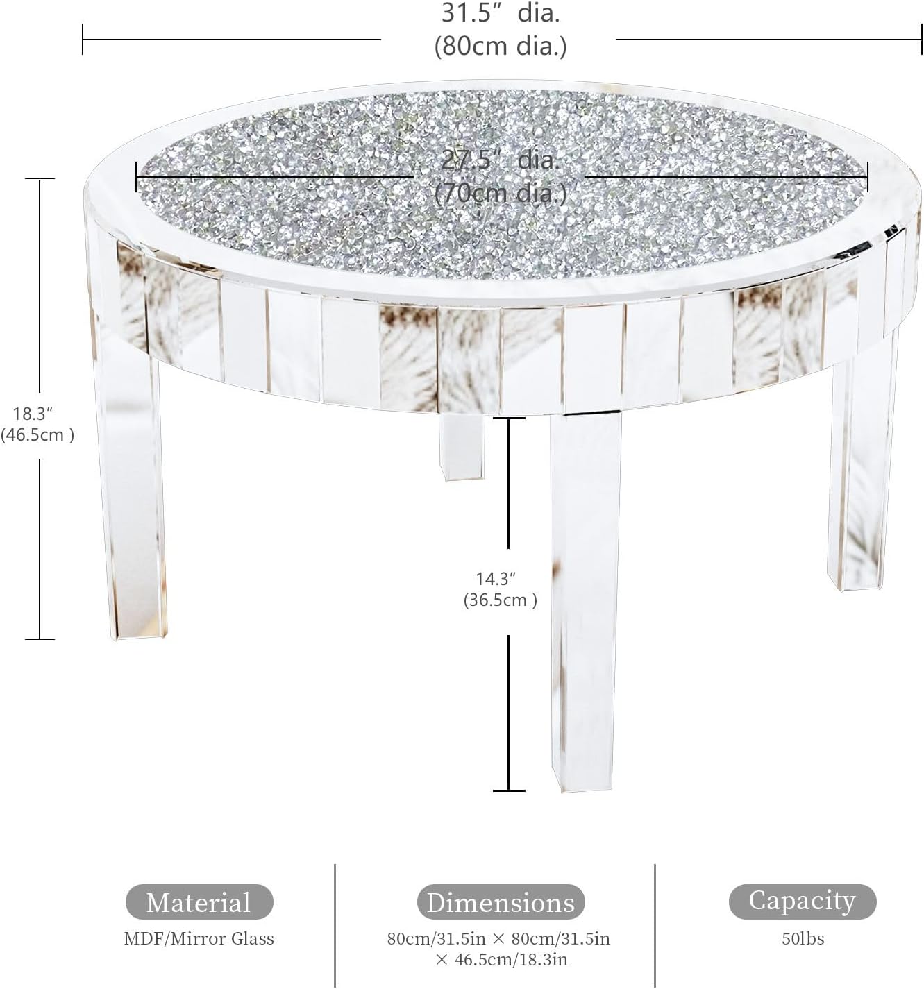 Silver Mirrored Coffee Table: 31.5 inch Round Crystal Glass Mirror Tabletop Crushed Diamond