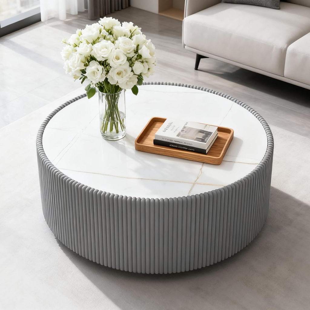 Modern Round Coffee Table Set of 2 Luxury Sintered Stone Top Coffee End Table in Grey Leatherette Drum-Shape Small Coffee Side End Tables for Living Room,Fully Assembled