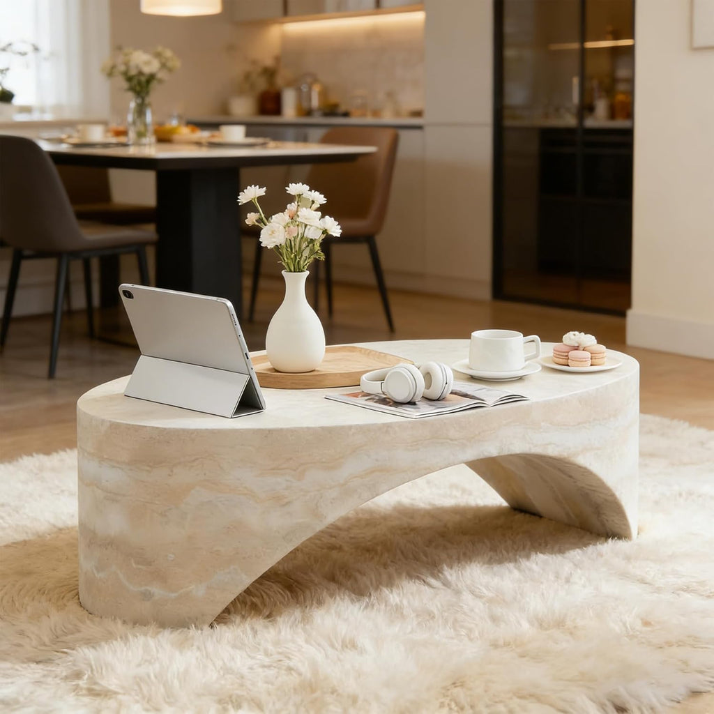 43.31'' Oval Coffee Table in Faux Marble, Modern Fiberglass Arched Coffee Tables, Minimalist Bridge Coffee Table, Stone Center Side Table for Living Room, Office, Apartment, or Balcony