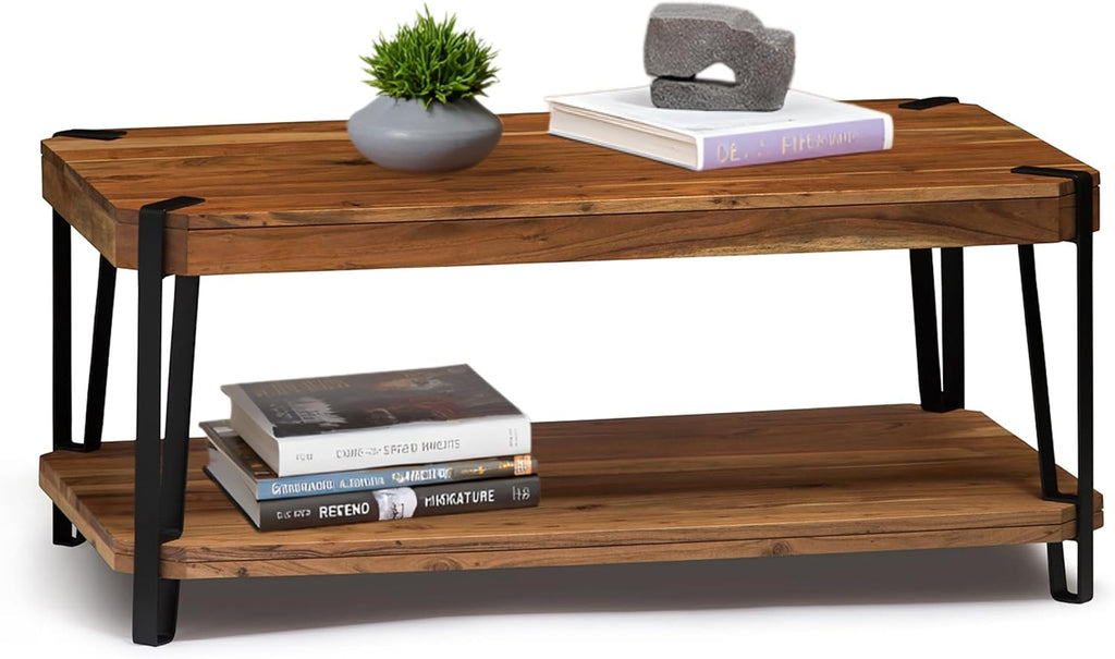 Ryegate 42-Inch Coffee Table – Solid Acacia Wood Live Edge Top with Lower Shelf and Metal Frame Base – Rustic Industrial Modern Living Room Center Table by Alaterre Furniture (Natural)