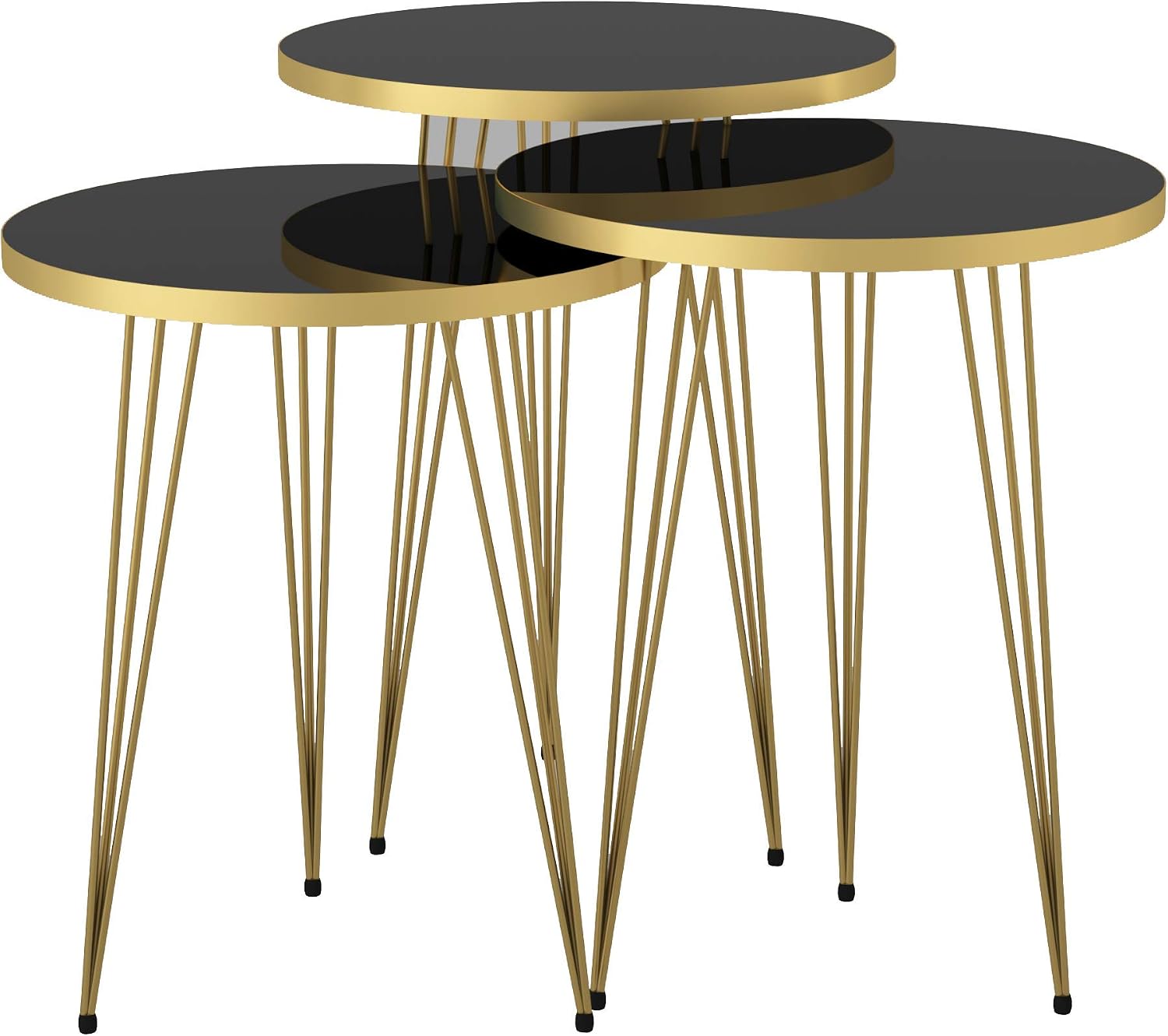 Set of 3 High Gloss Black Gold Legs Nesting End Tables Round Wood Stacking Coffee Side Accent Table with Metal Legs for Living Room, Home Office, Nightstands for Bedroom