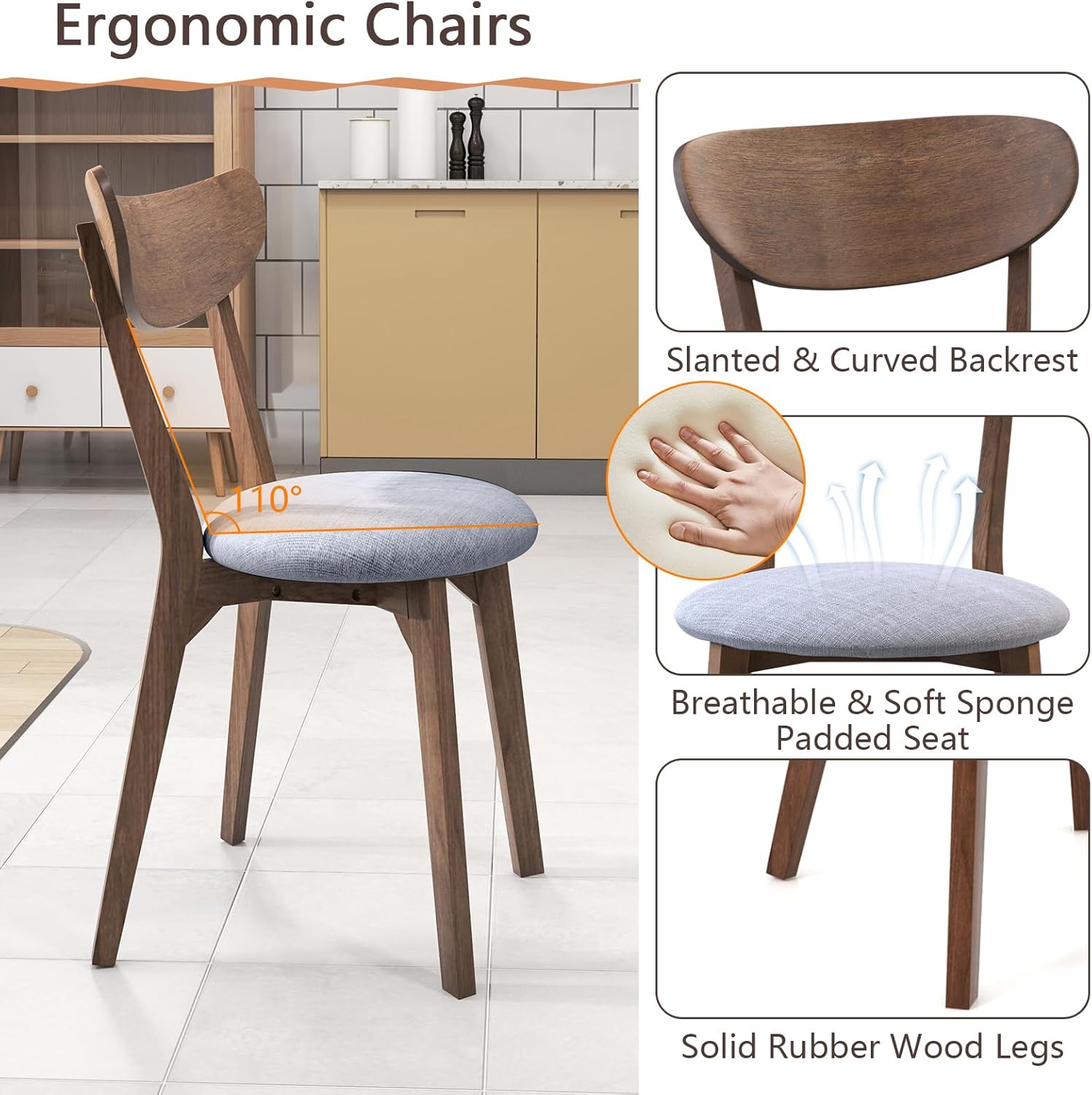 Tangkula Mid-Century Modern Round Dining Table Set for 2, Wooden Kitchen Table & 2 Chairs with Cushioned Seats, Compact 3-Piece Dining Set for Small Spaces, Kitchen, Living Room