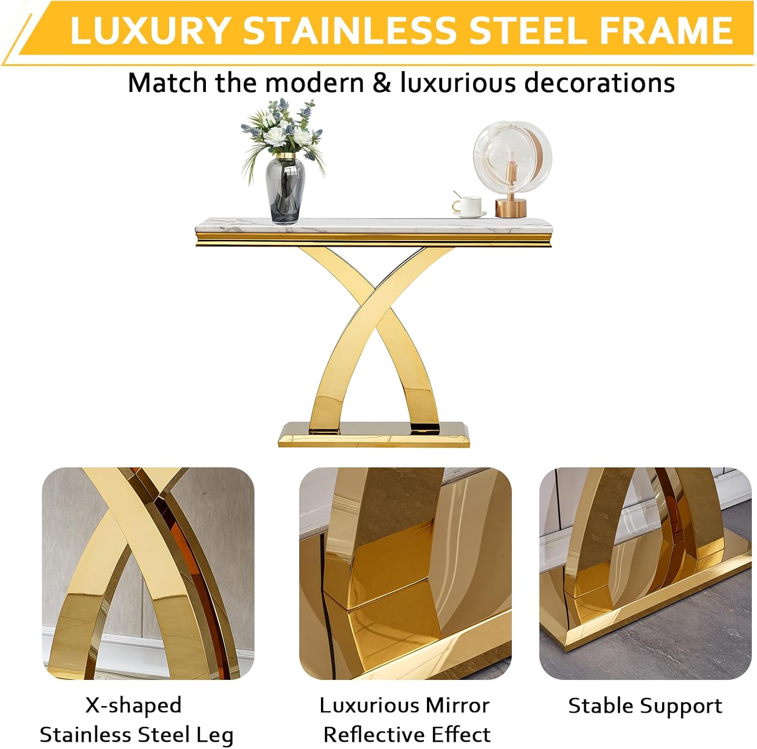4 Pieces Coffee Table Set, Faux Marble Living Room Table Set of 4, Modern Coffee Table, Console Table and 2 End Tables with X-Shaped Stainless Steel Base for Living Room (White Gold)