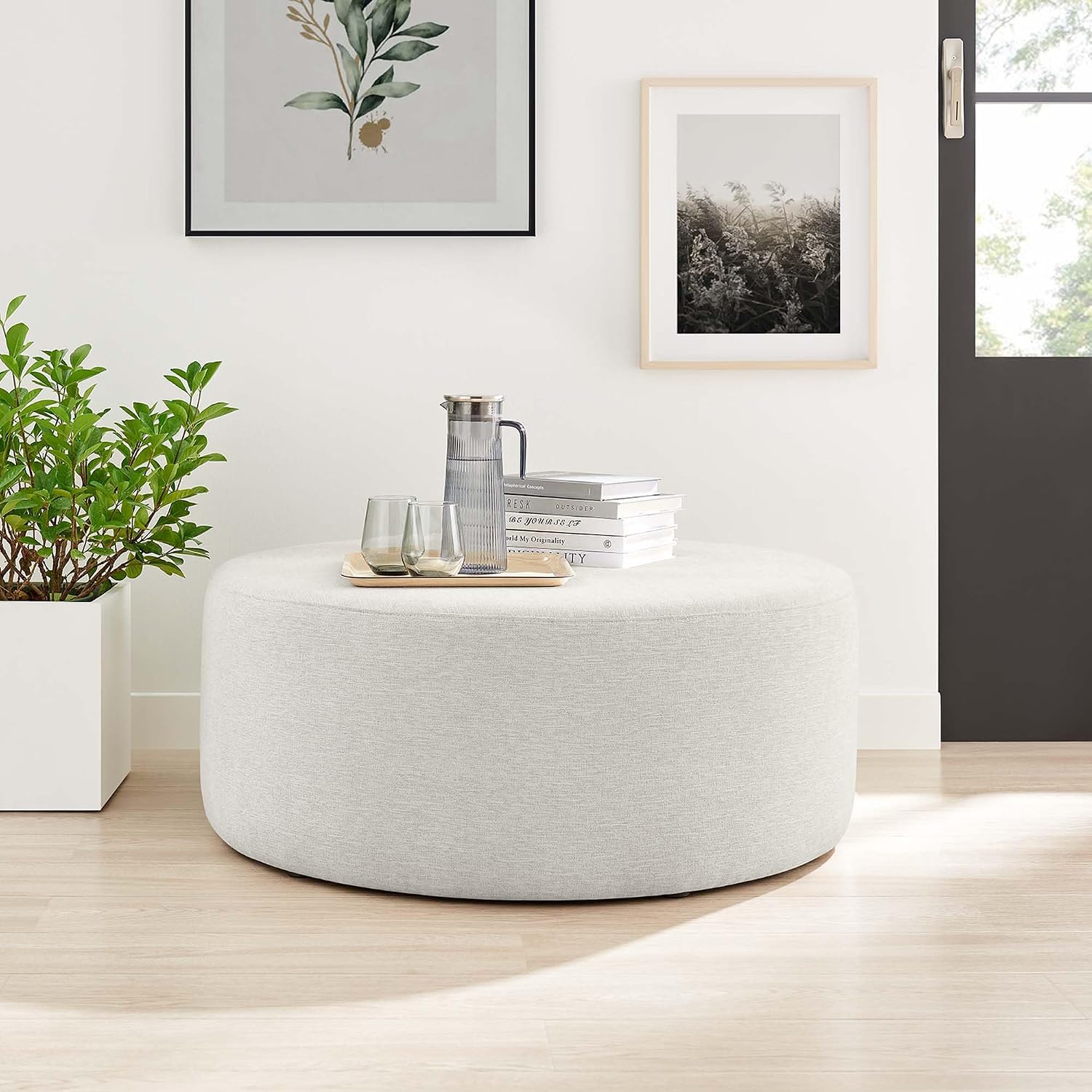Modway Callum 38 Inch Round Ottoman in Ivory Fabric - Heathered Woven Fabric - Versatile Upholstered Coffee Table and Footrest - Couch Ottoman - Living Room Accent Table