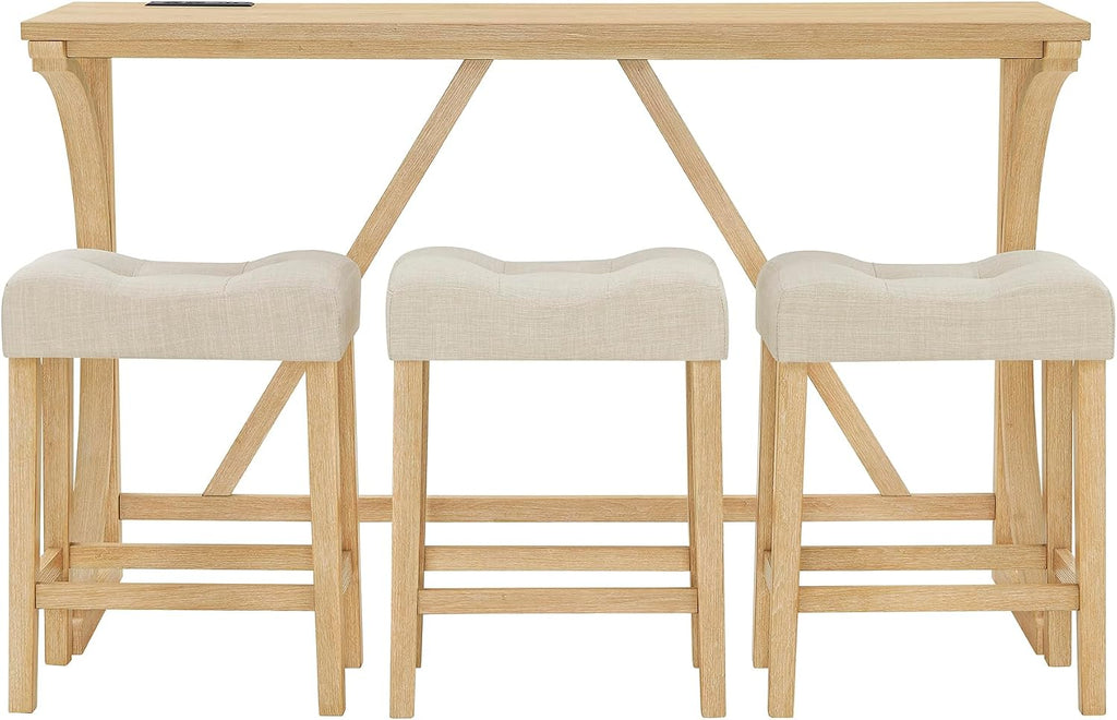 Merax 59 Inch Industrial Bar Table Set with Power Outlet, 3 Linen Upholstered Stools, Counter Height Table Set with 24 Inch Seat Height Stools for Kitchen, Living Room,Light Oak+Beige