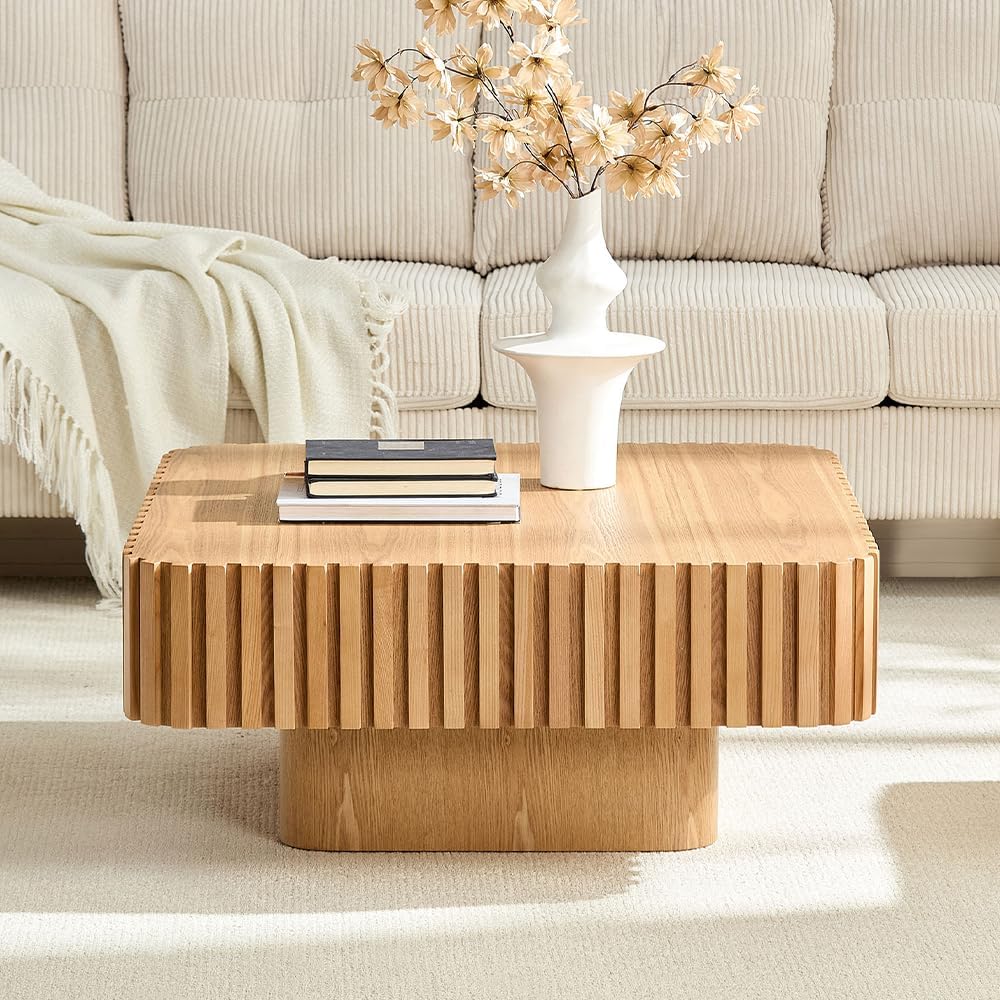 WILLIAMSPACE 35.43' Square Coffee Table with Sturdy Base, Modern Luxury Wood Drum Center Table Accent End Side Table for Living Room, Minimalist Fluted Design, Oak