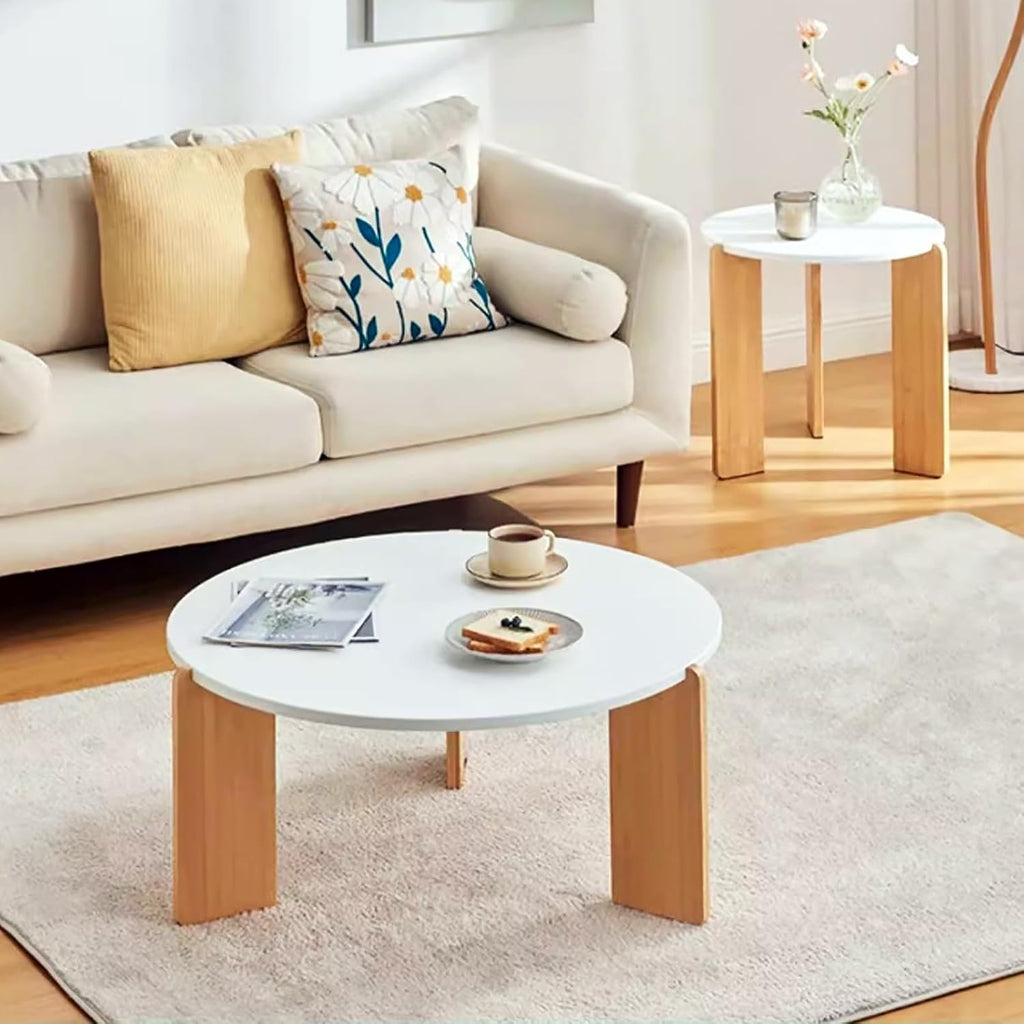 Round Nesting Coffee Table Set of 2,Solid Wood Coffee Table for Living Room,Modern Minimalist Coffee Table Center Table,Wooden Cream Table with 3 Round Legs table, 3344qtyy56