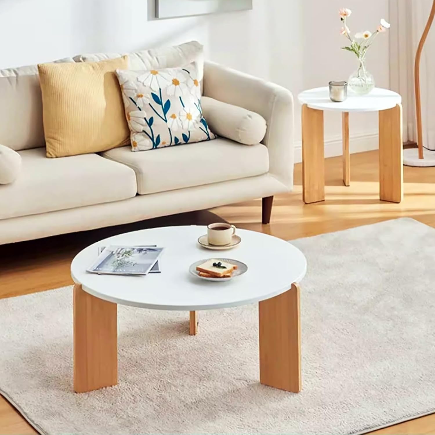 Round Nesting Coffee Table Set of 2,Solid Wood Coffee Table for Living Room,Modern Minimalist Coffee Table Center Table,Wooden Cream Table with 3 Round Legs table, 3344qtyy56