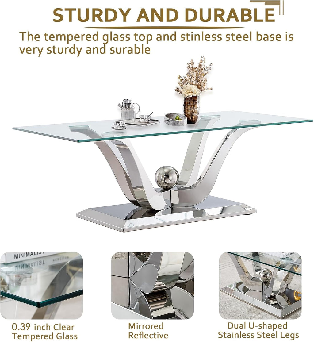 3 Pieces Living Room Table Set, Glass Coffee Table Set of 3, Modern Coffee Table and 2 End Tables with Dual U-Shaped Stainless Steel Base for Living Room (Silver)