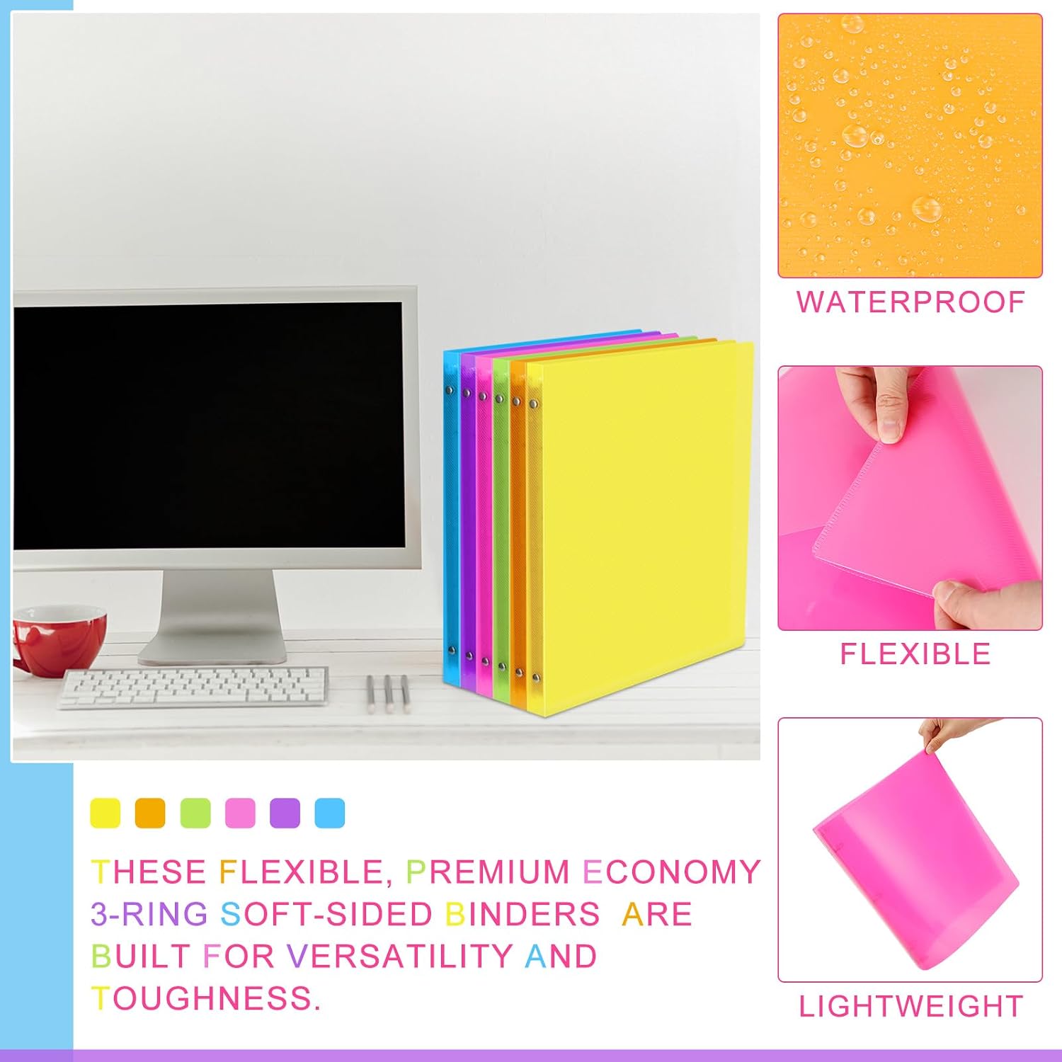Fulmoon 48 Pack 3 Ring Plastic Binders 1/2 Inch Bulk with 2 Pockets, Flexible Binder Loose Leaf Hardcover, Fit 12' x 10' US Letter Size Paper, for School Office Home, 6 Colors(Bright)