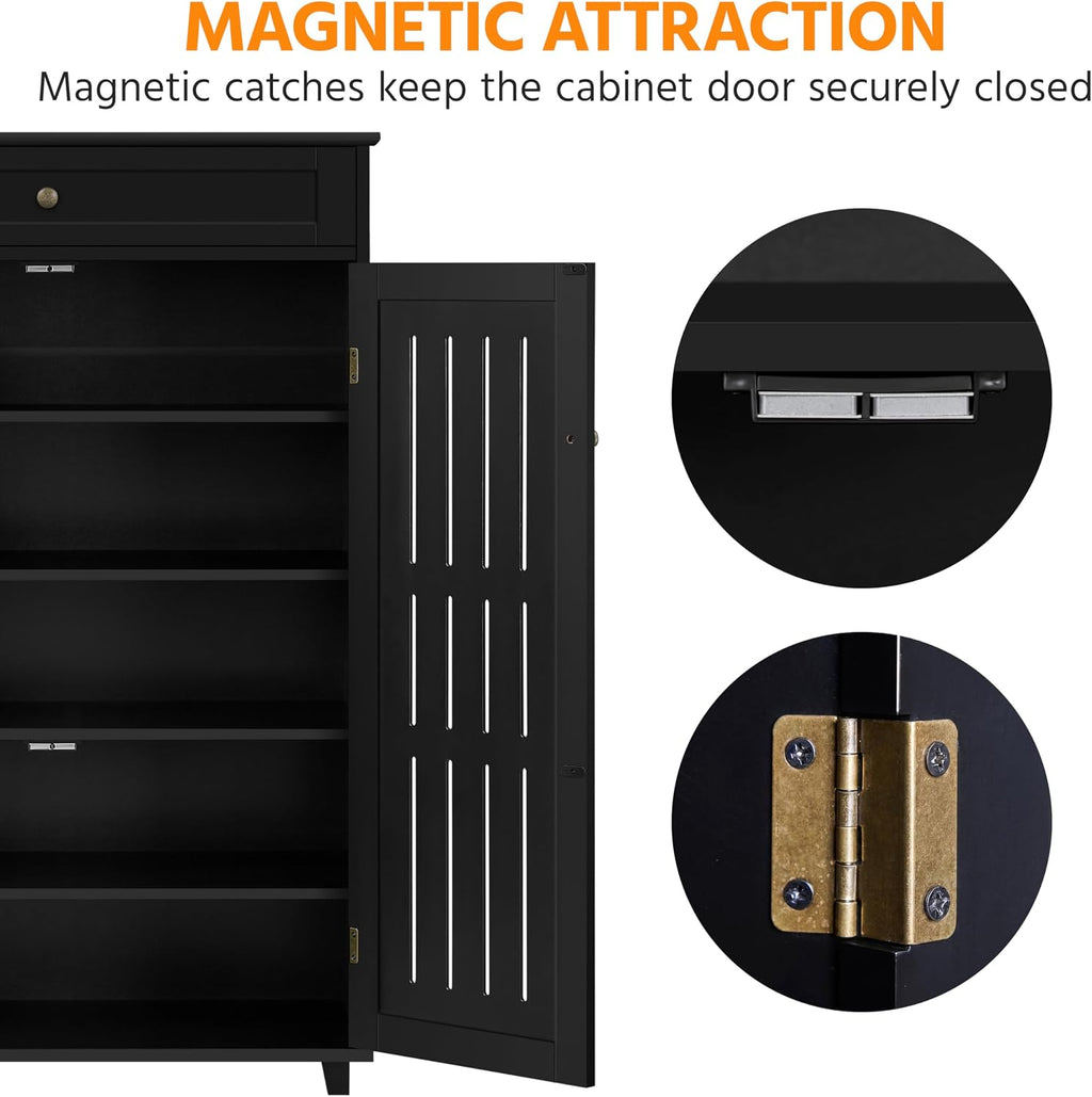 Yaheetech Shoe Cabinet, 5-Tier Shoe Rack Organizer with 1 Drawer, Freestanding Wooden Shoe Storage Cabinet with 2 Louvered Door & Adjustable Shelves for Entryway Hallway, Black