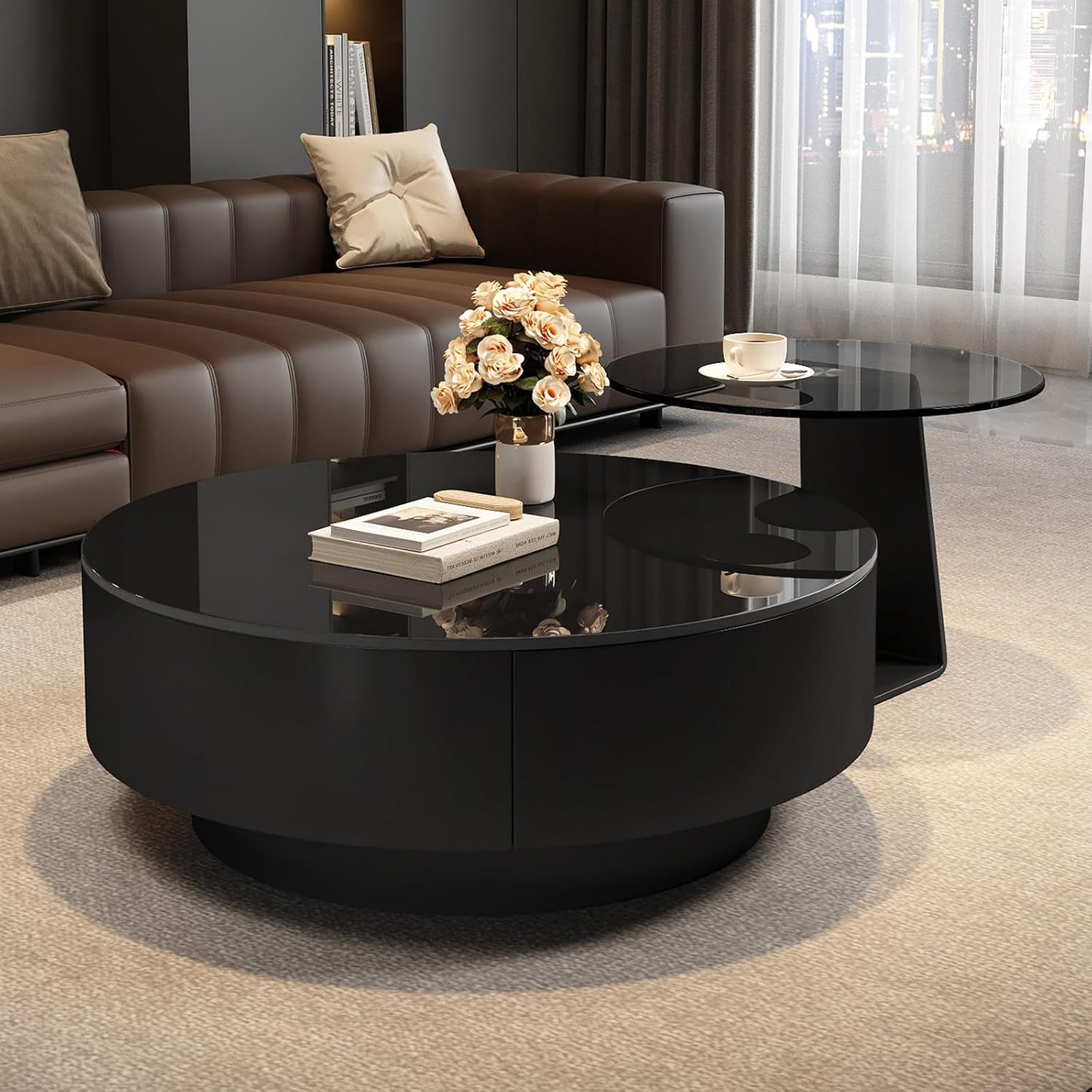 Modern Glass Coffee Circle Nesting Tables Set of 2,Coffee Tables for Living Room with Storage,Circle Drum Center Table,Apartment,Office,Minimalist Design(27.6 * 27.6 * 13')