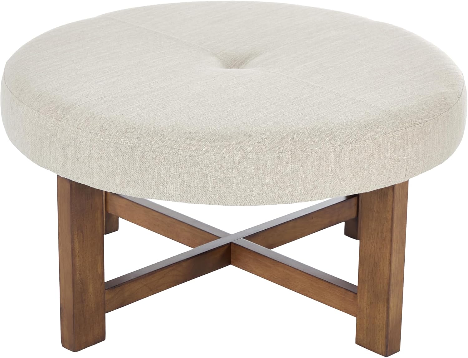 Christopher Knight Home Ladin Modern Round Ottoman Coffee Table, Fabric Upholstered Cocktail Ottoman for Living Room Sofa, Entryway Comfortable Footstool, Wooden Ottoman Foot Rest, Beige+Brown