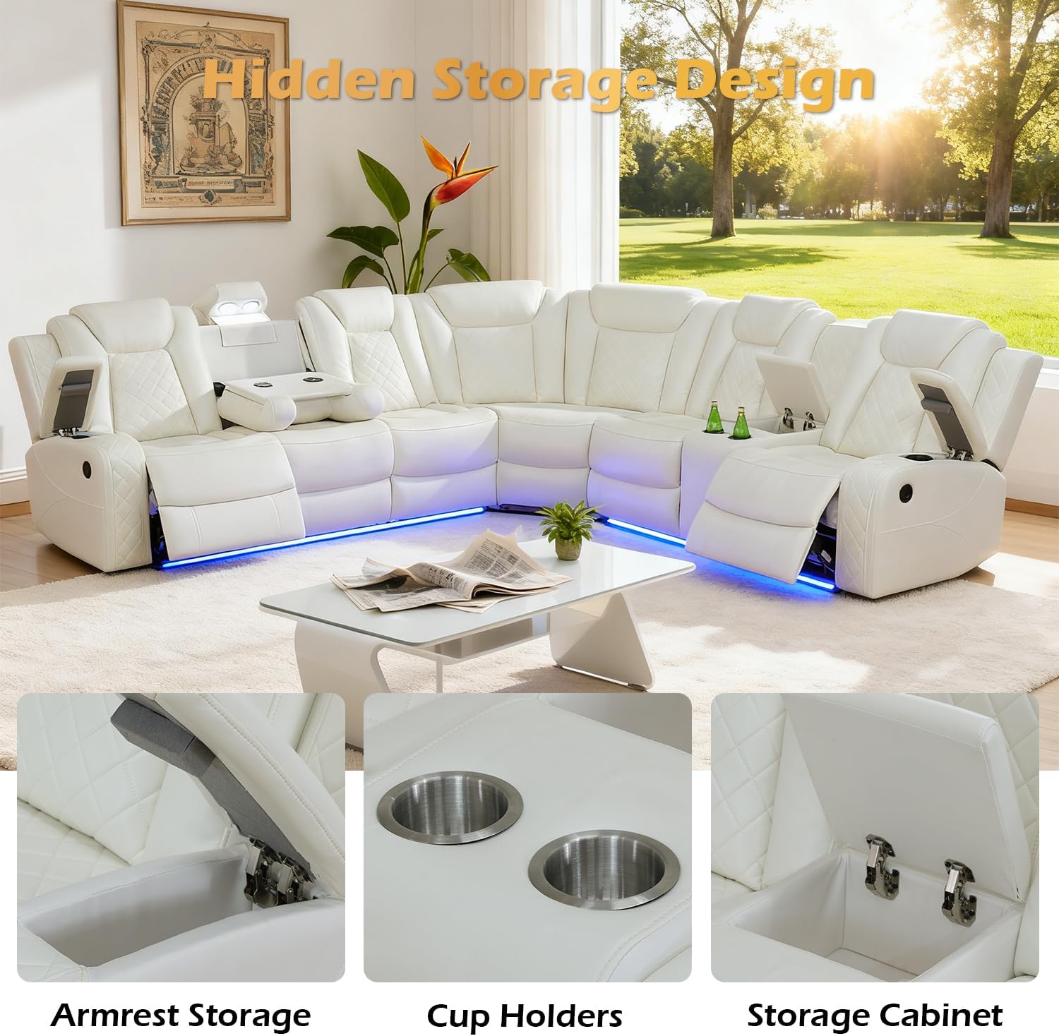 Leather Power Recliner Sectional Sofa Set with LED Light,L Shaped Leather Couch Set with Chair*2,Modular Corner Sofa with USB Ports for Living Room Furniture(White, Sectional+Chair*2)