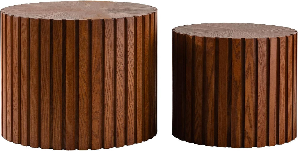 KEVINSPACE Nesting Coffee Table Set of 2 Circle CoffeeTable Modern NestingTables for Living Room Round Fluted Wooden CoffeeTabl No Need Assembly for Bedroom Balcony Lounge 33.86' Walnut