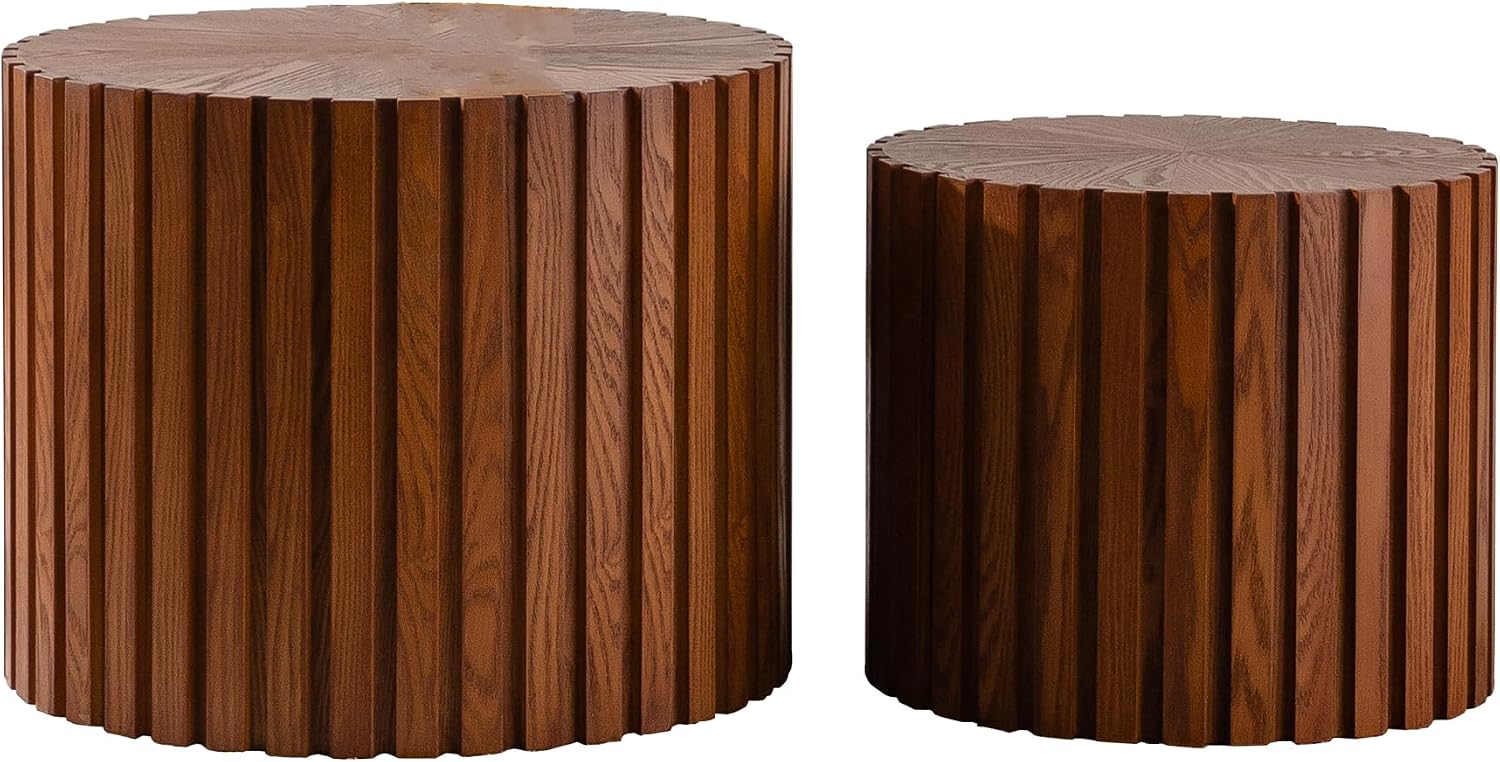 KEVINSPACE Nesting Coffee Table Set of 2 Circle CoffeeTable Modern NestingTables for Living Room Round Fluted Wooden CoffeeTabl No Need Assembly for Bedroom Balcony Lounge 33.86' Walnut