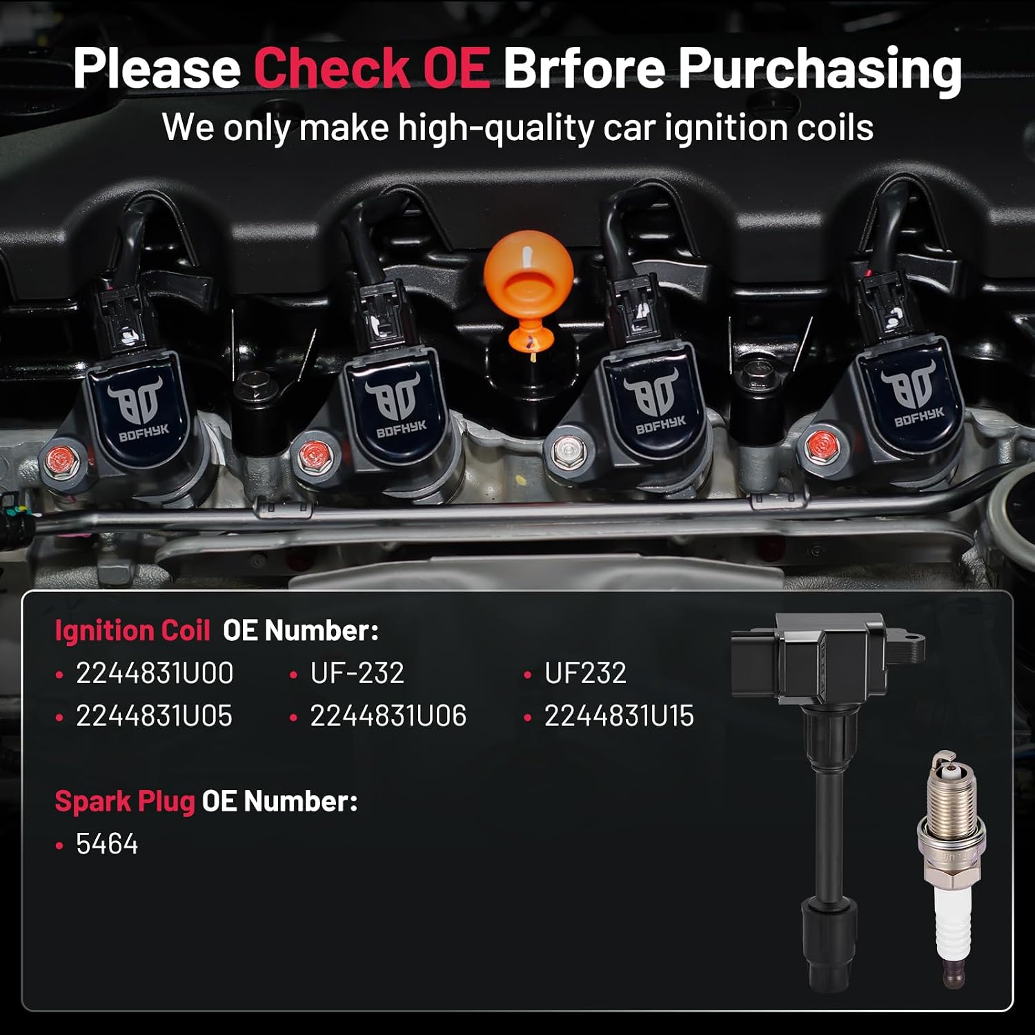 BDFHYK 6 Ignition Coil Pack UF232 and 6 Iridium Spark Plug 5464 Compatible with INFINITI 1996-1999 I30, Compatible with Nissan 1995-1999 Maxima 3.0L V6 Coil for 2244831U00 UF-232