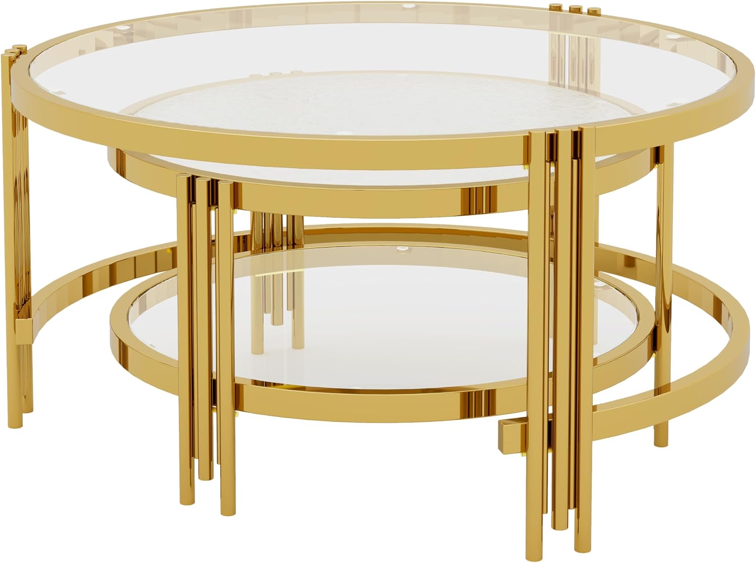 Merax 2-Piece Nesting Round Coffee Table Set, Gold Finish Metal Frame with Textured Tempered Glass Tops, Modern Stylish Accent & Side Table for Living Room, Bedroom, Apartment, Office, Transparent