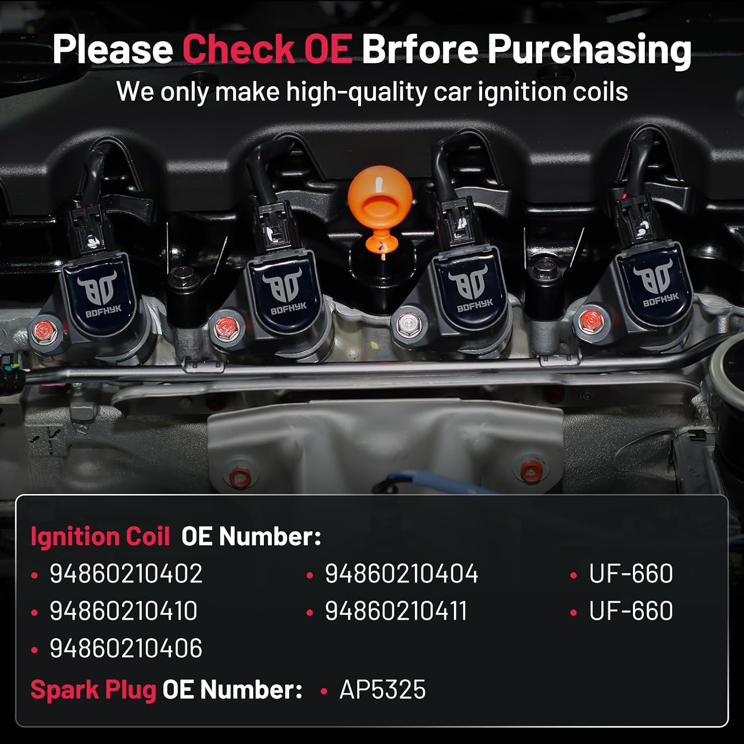 BDFHYK 8 Ignition Coil Pack UF660 and 8 Iridium Spark Plug AP5325 Compatible with Porsche 2008-2018 Cayenne 4.8L V8, 2011-2016 Panamera 3.6L V6, 2010-2016 Panamera 4.8L V8 Coil for 94860210410