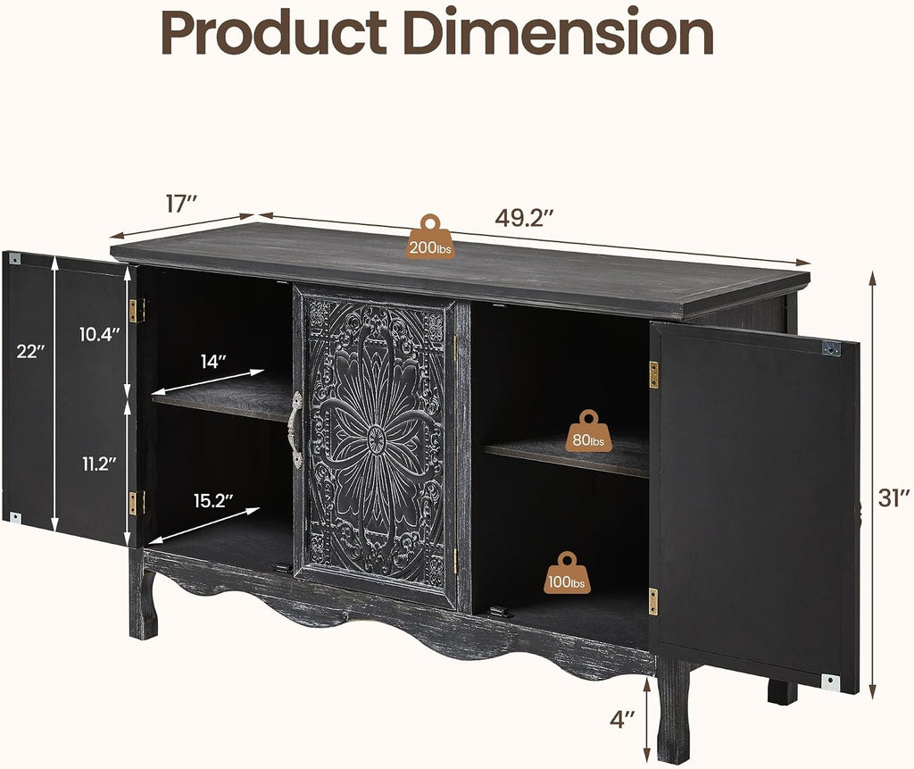 RoyalCraft Buffet Cabinet with Storage, Vintage Solid Wood Sideboard Table Coffee Bar Wine Bar Storage Cabinet with 3 Doors for Dining Room, Living Room, Hallway, Distressed Black