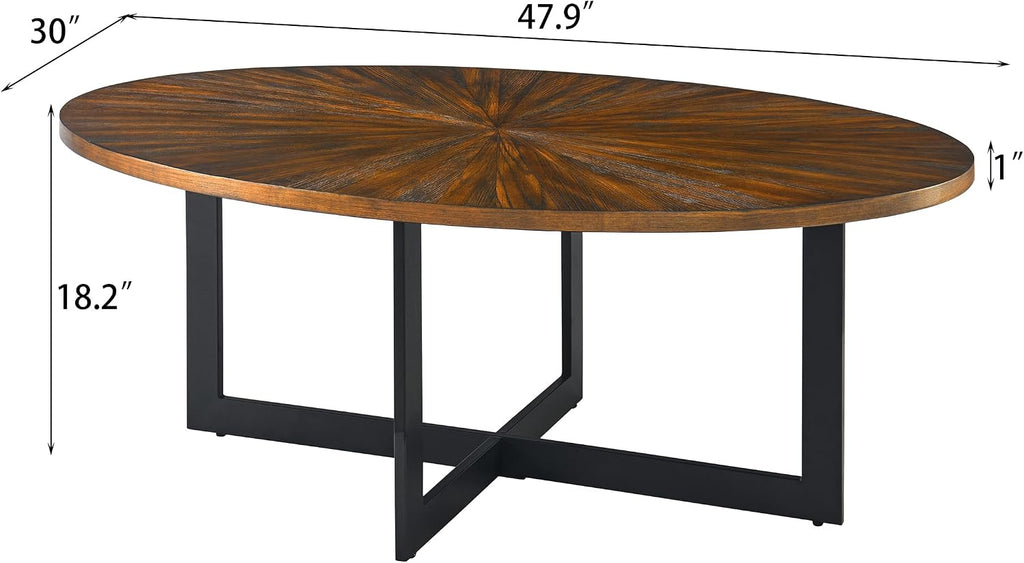 Solid Wood Oval Coffee Table with Cross Metal Legs, 47.9' Industrail Bar Cocktail Table for Living Room Kitchen Office Sofa Table Bristro Table for Cafe/Bar Rustic Brown