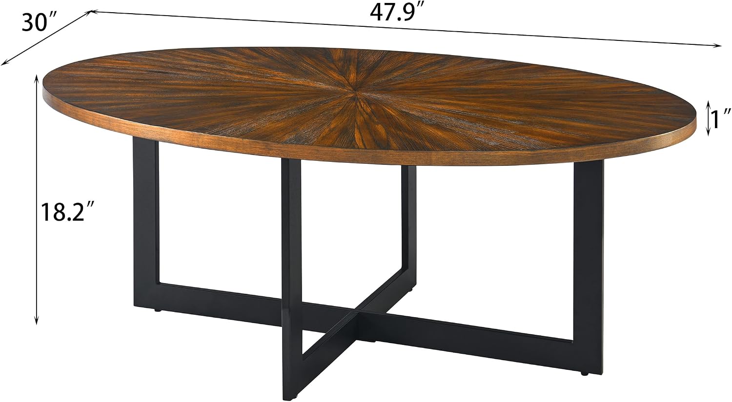 Solid Wood Oval Coffee Table with Cross Metal Legs, 47.9' Industrail Bar Cocktail Table for Living Room Kitchen Office Sofa Table Bristro Table for Cafe/Bar Rustic Brown